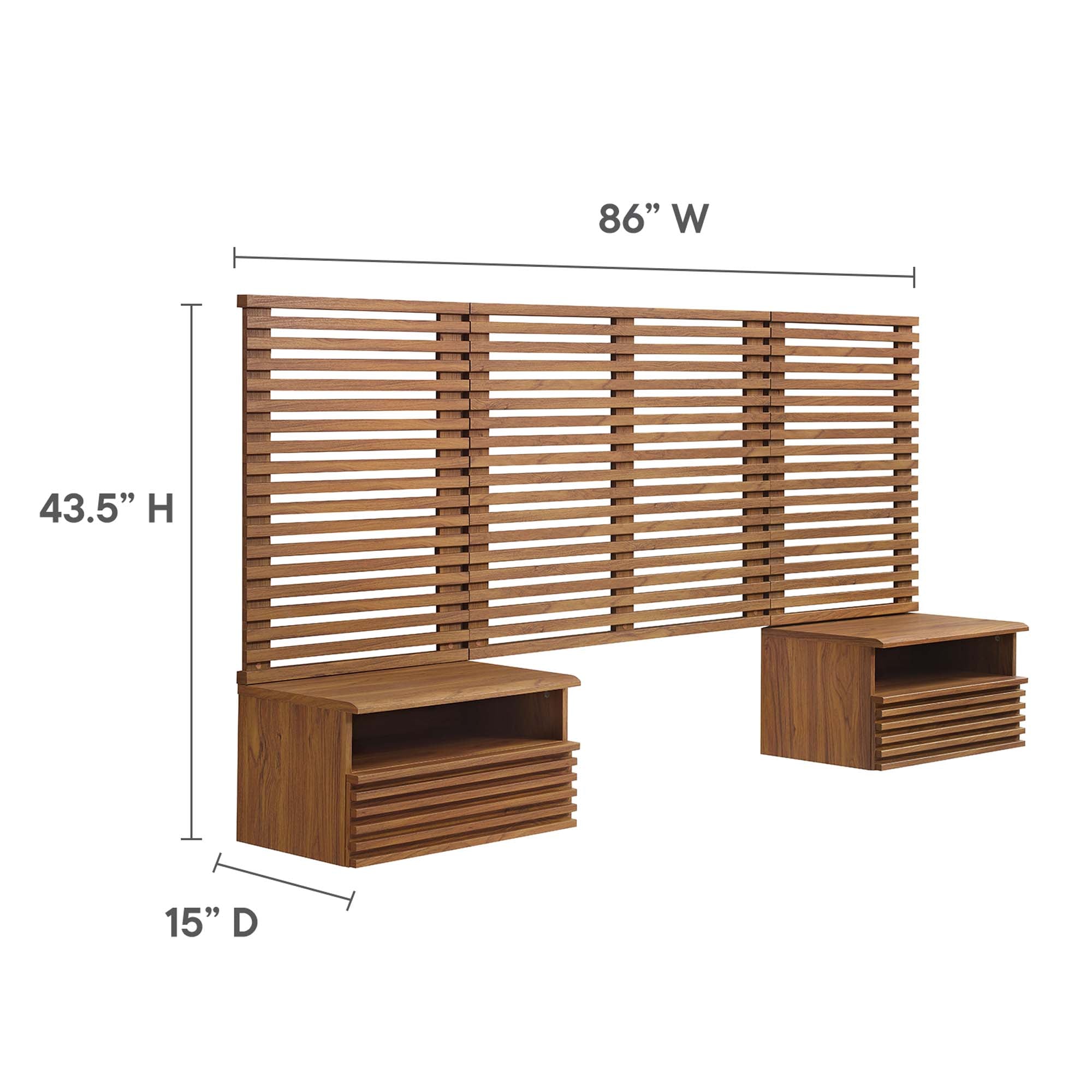 Render Wall Mount Twin Headboard and Modern Nightstands, Walnut