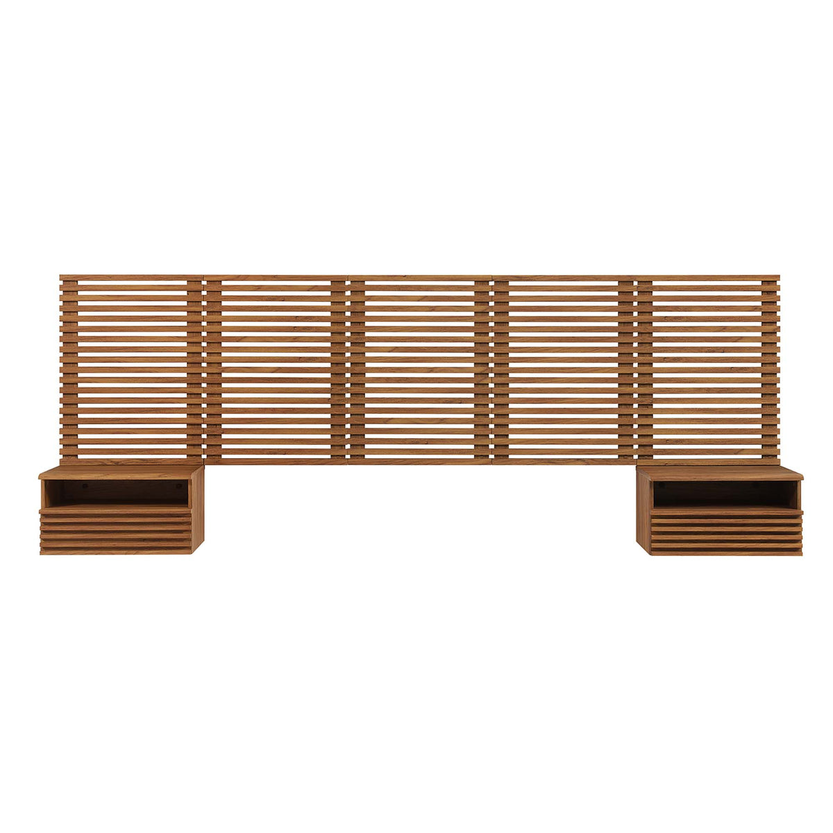 Render Wall Mount Queen Headboard and Modern Nightstands, Walnut