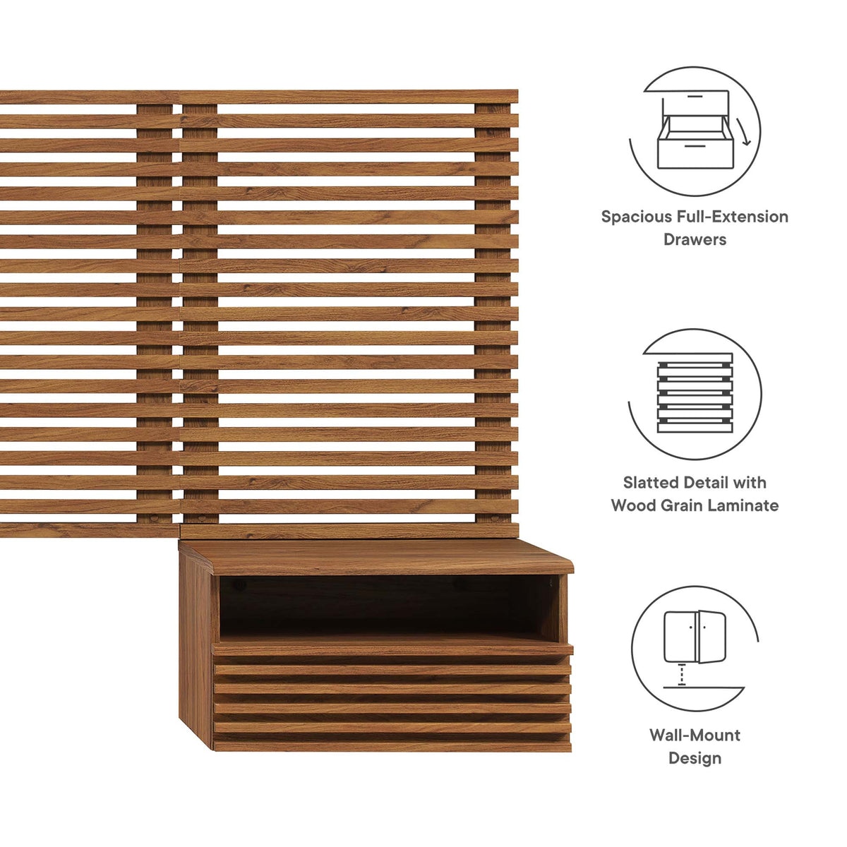Render Wall Mount Queen Headboard and Modern Nightstands, Walnut