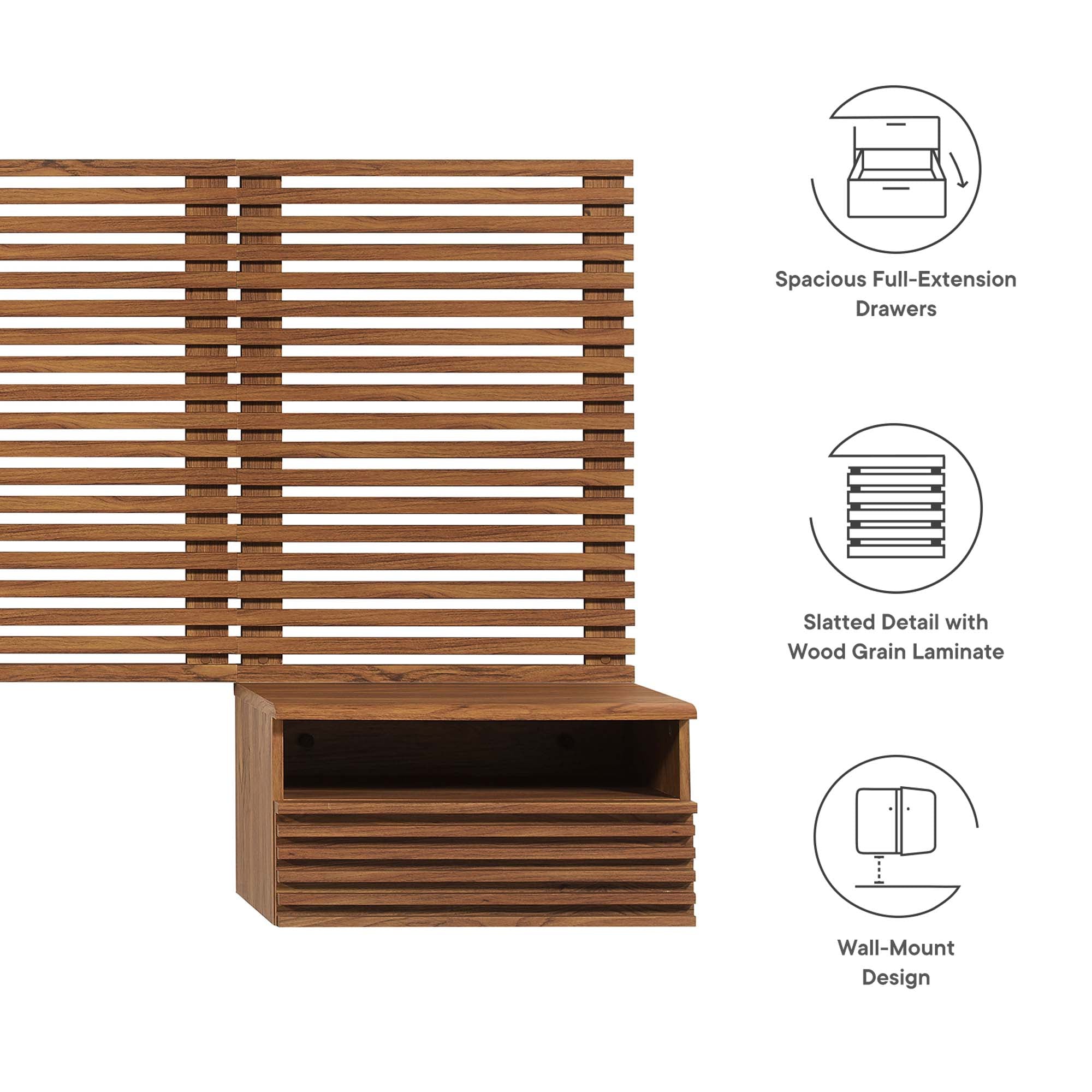 Render Wall Mount King Headboard and Modern Nightstands, Walnut