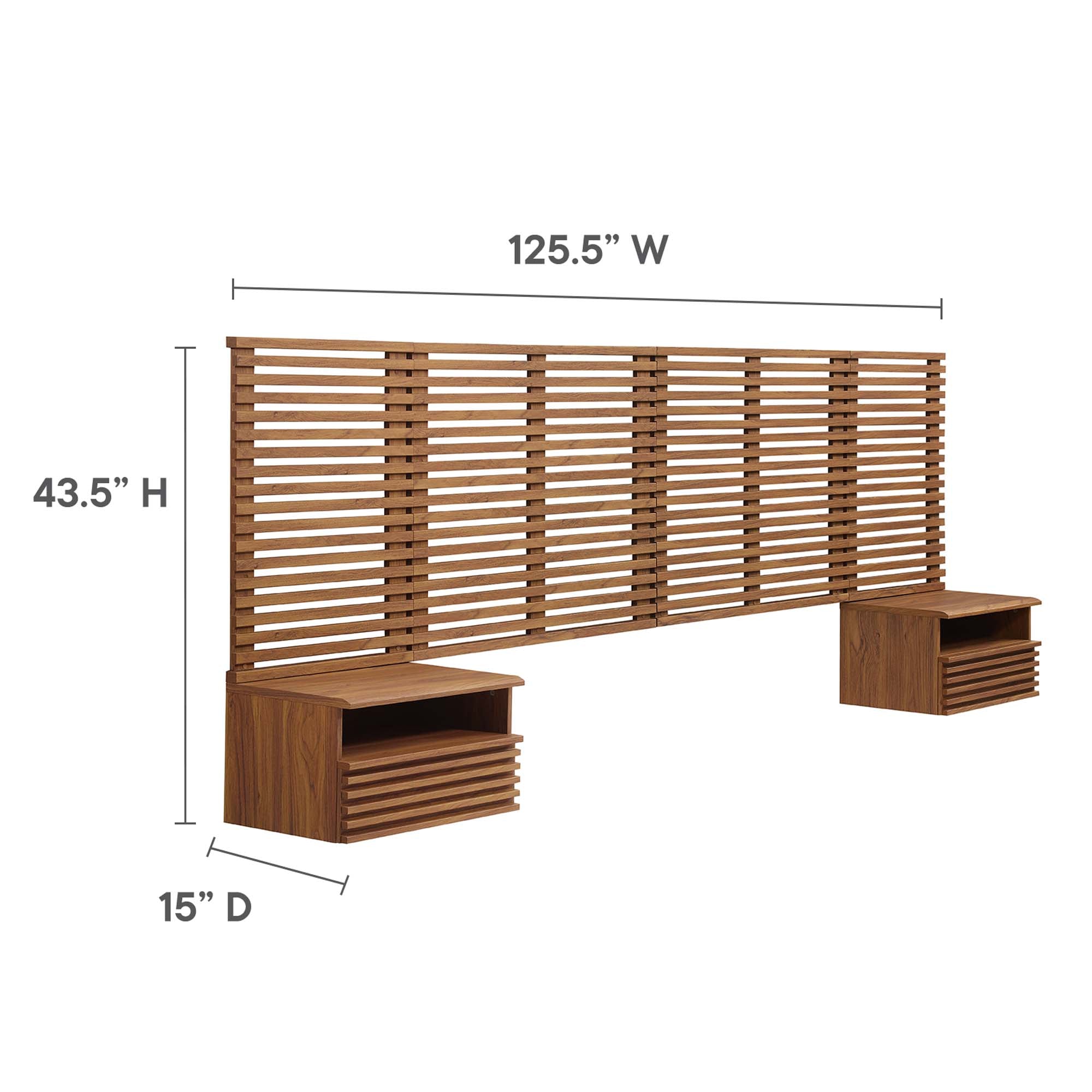 Render Wall Mount King Headboard and Modern Nightstands, Walnut