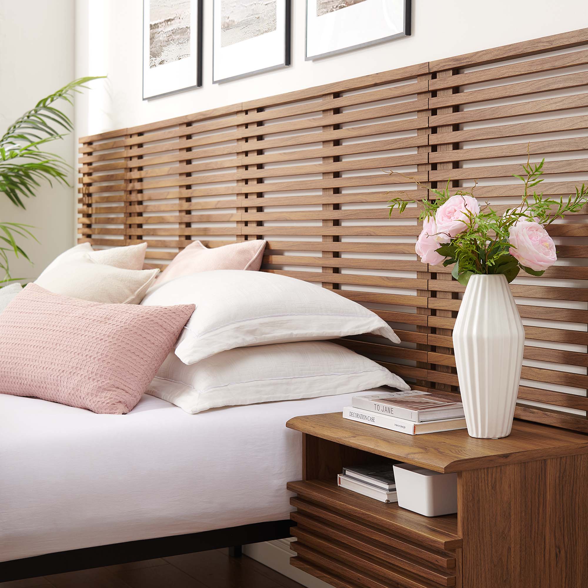 Render Wall Mount King Headboard and Modern Nightstands, Walnut