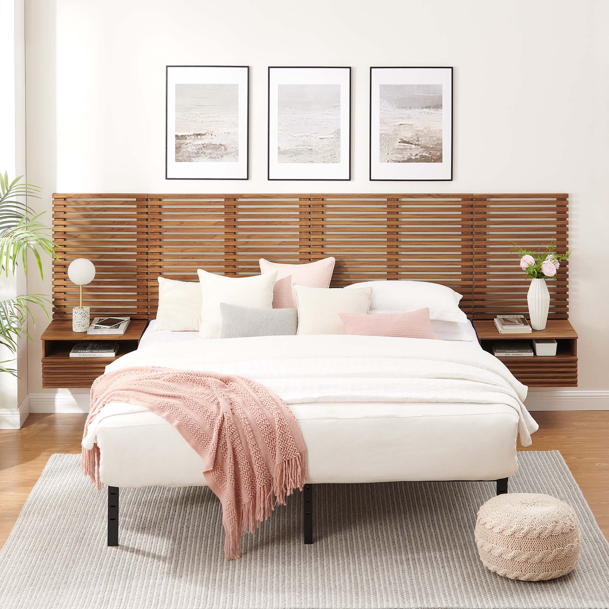 Render Wall Mount King Headboard and Modern Nightstands, Walnut