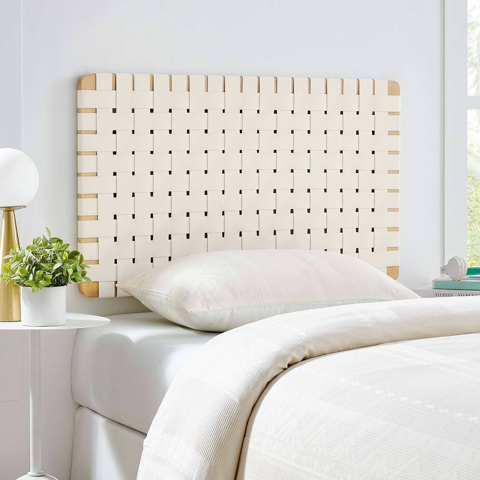 Sparta Weave Wall-Mount Vegan Leather Twin Headboard, Natural Beige