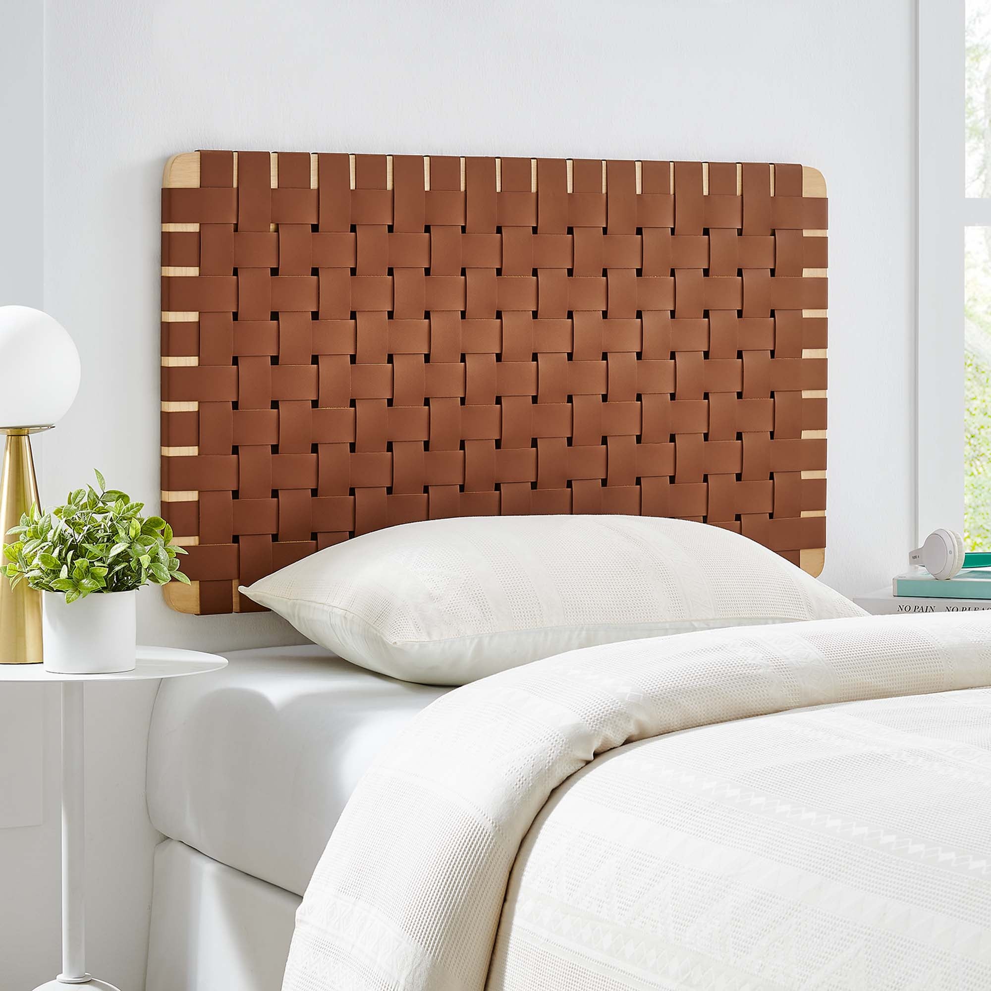 Sparta Weave Wall-Mount Vegan Leather Twin Headboard, Natural Brown