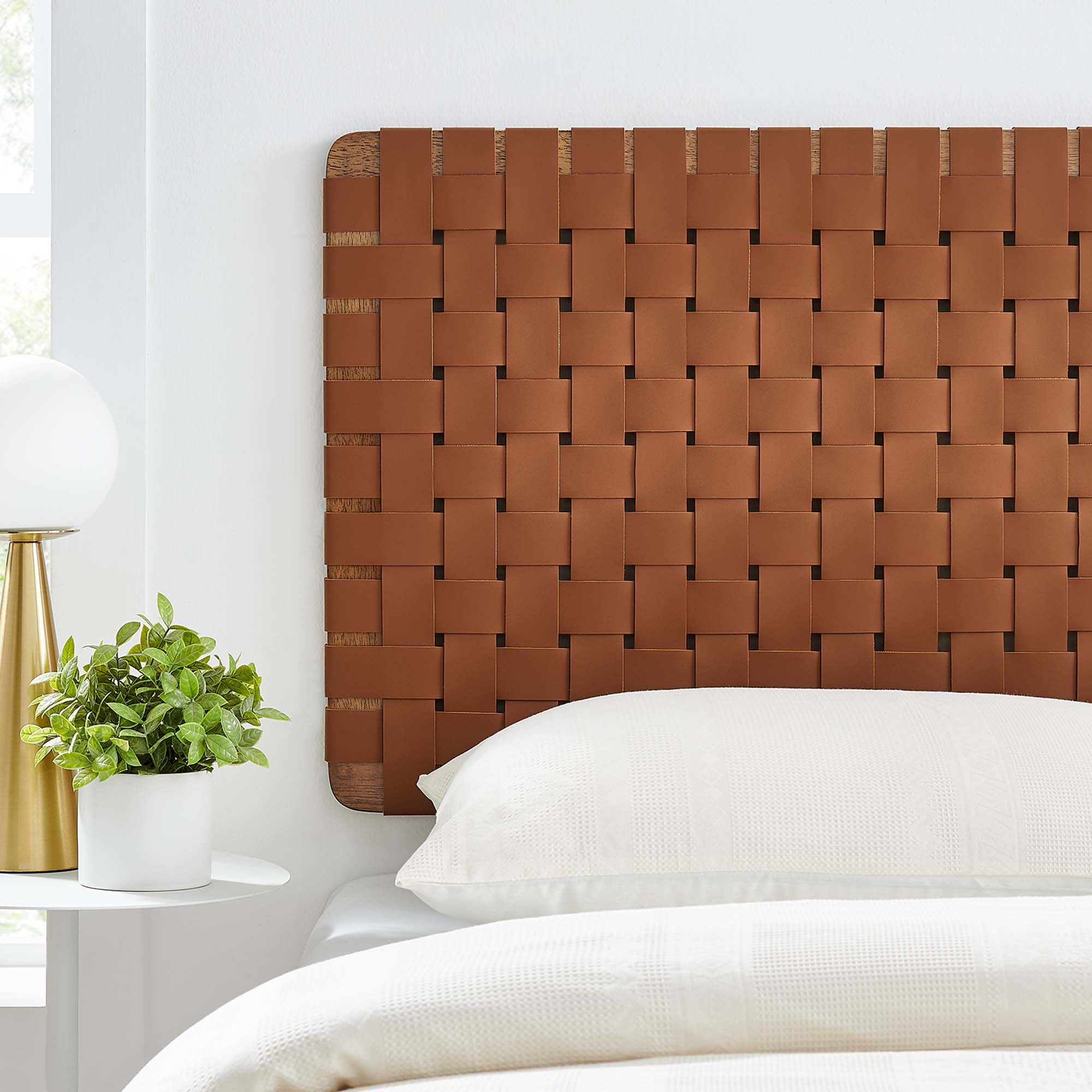Sparta Weave Wall-Mount Vegan Leather Twin Headboard, Walnut Brown