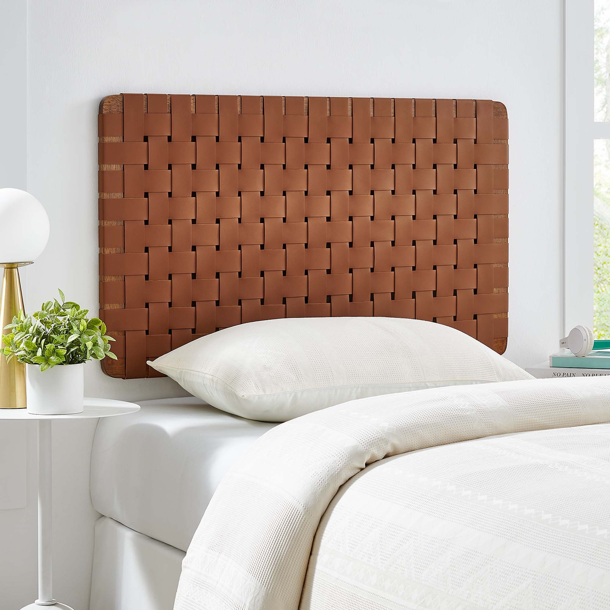 Sparta Weave Wall-Mount Vegan Leather Twin Headboard, Walnut Brown