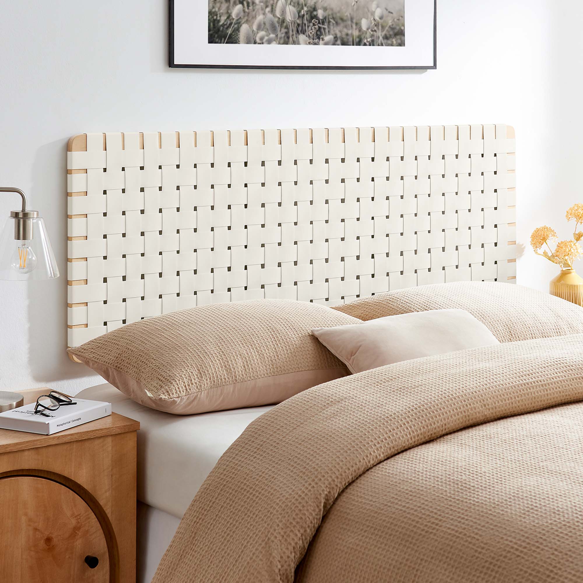 Sparta Weave Wall-Mount Vegan Leather Queen Headboard, Natural Beige
