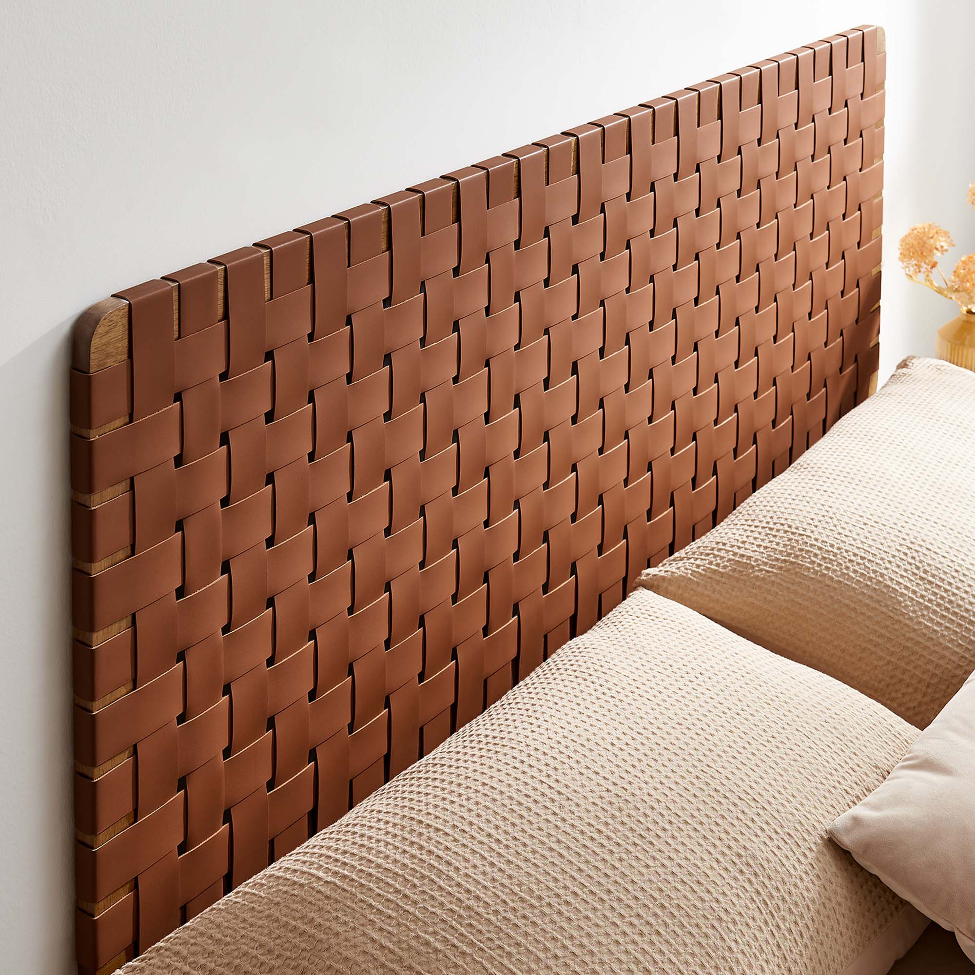 Sparta Weave Wall-Mount Vegan Leather Queen Headboard, Walnut Brown