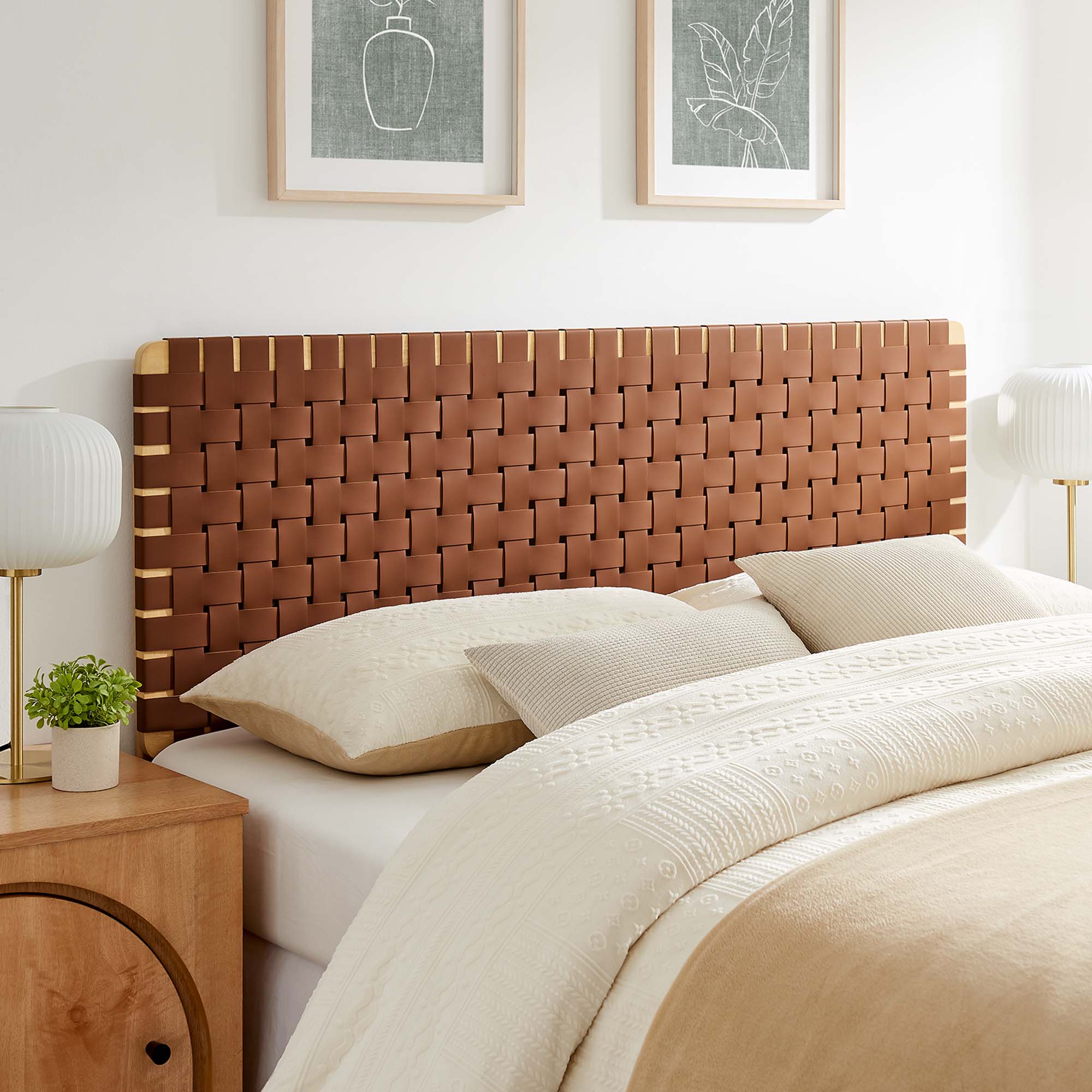 Sparta Weave Vegan Leather Queen Headboard, Natural Brown
