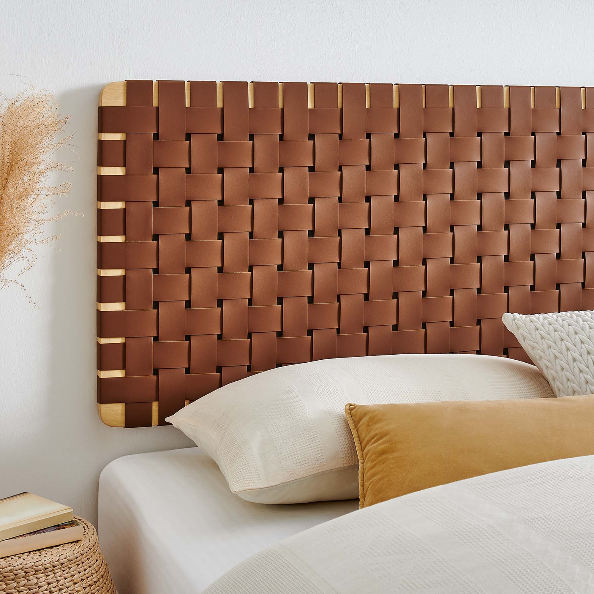 Sparta Weave Wall-Mount Vegan Leather King Headboard, Natural Brown