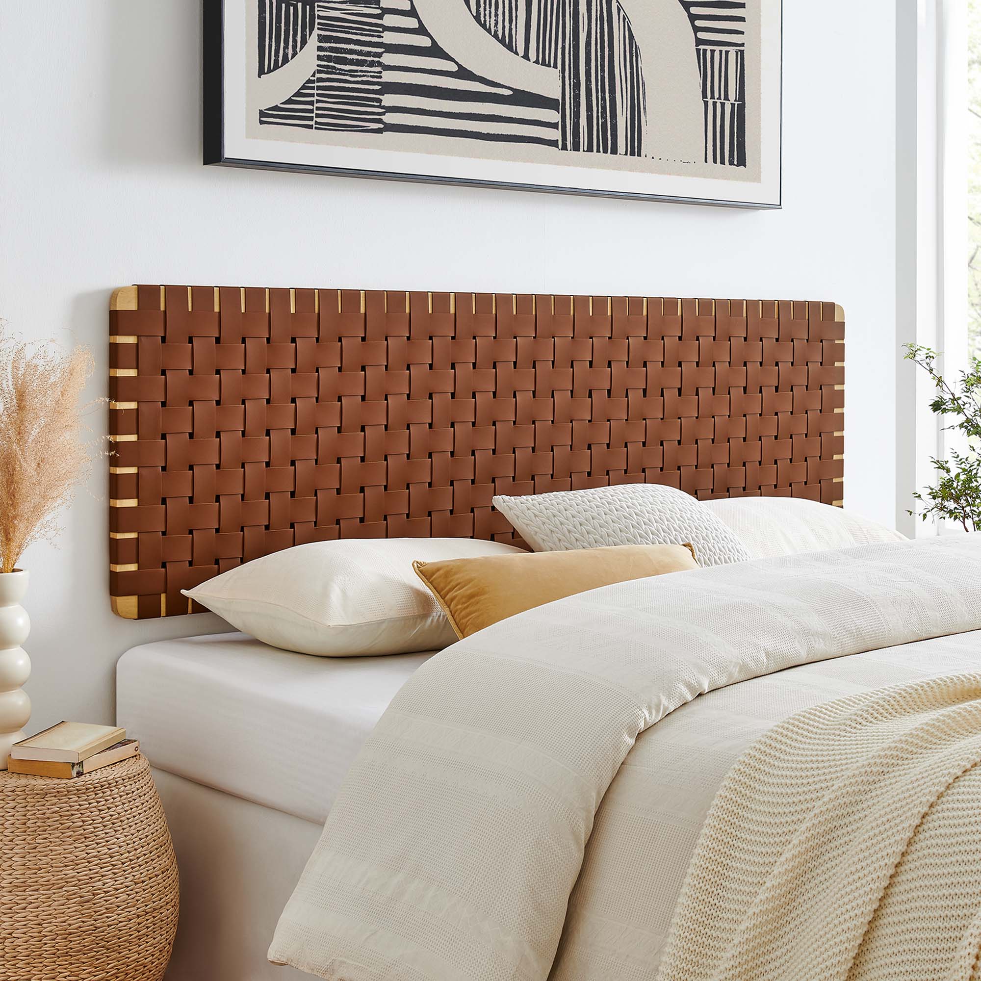 Sparta Weave Wall-Mount Vegan Leather King Headboard, Natural Brown
