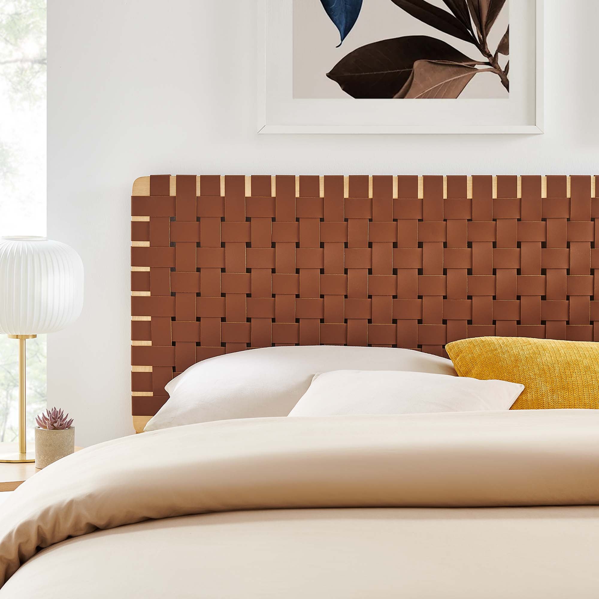 Sparta Weave Vegan Leather King Headboard, Natural Brown