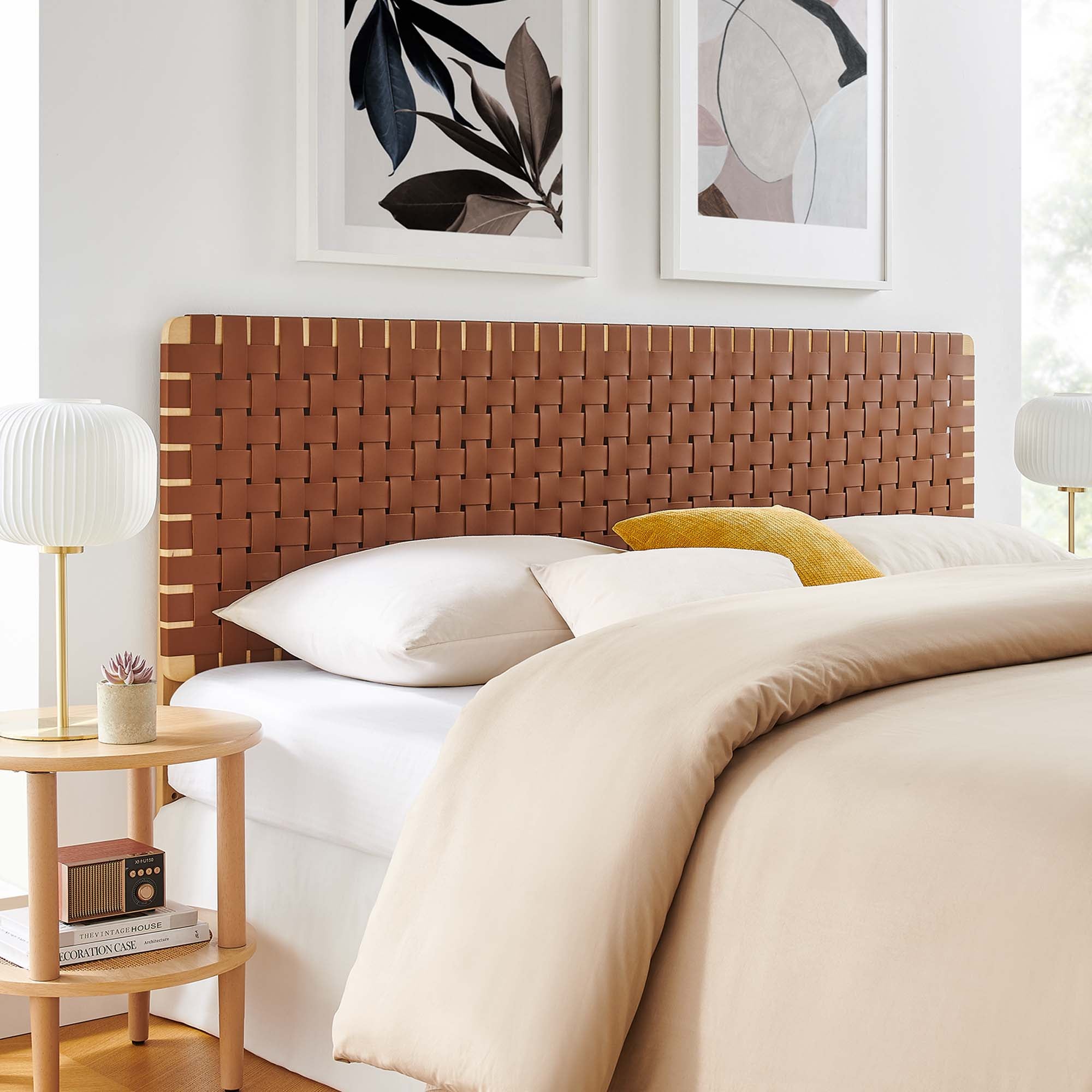 Sparta Weave Vegan Leather King Headboard, Natural Brown