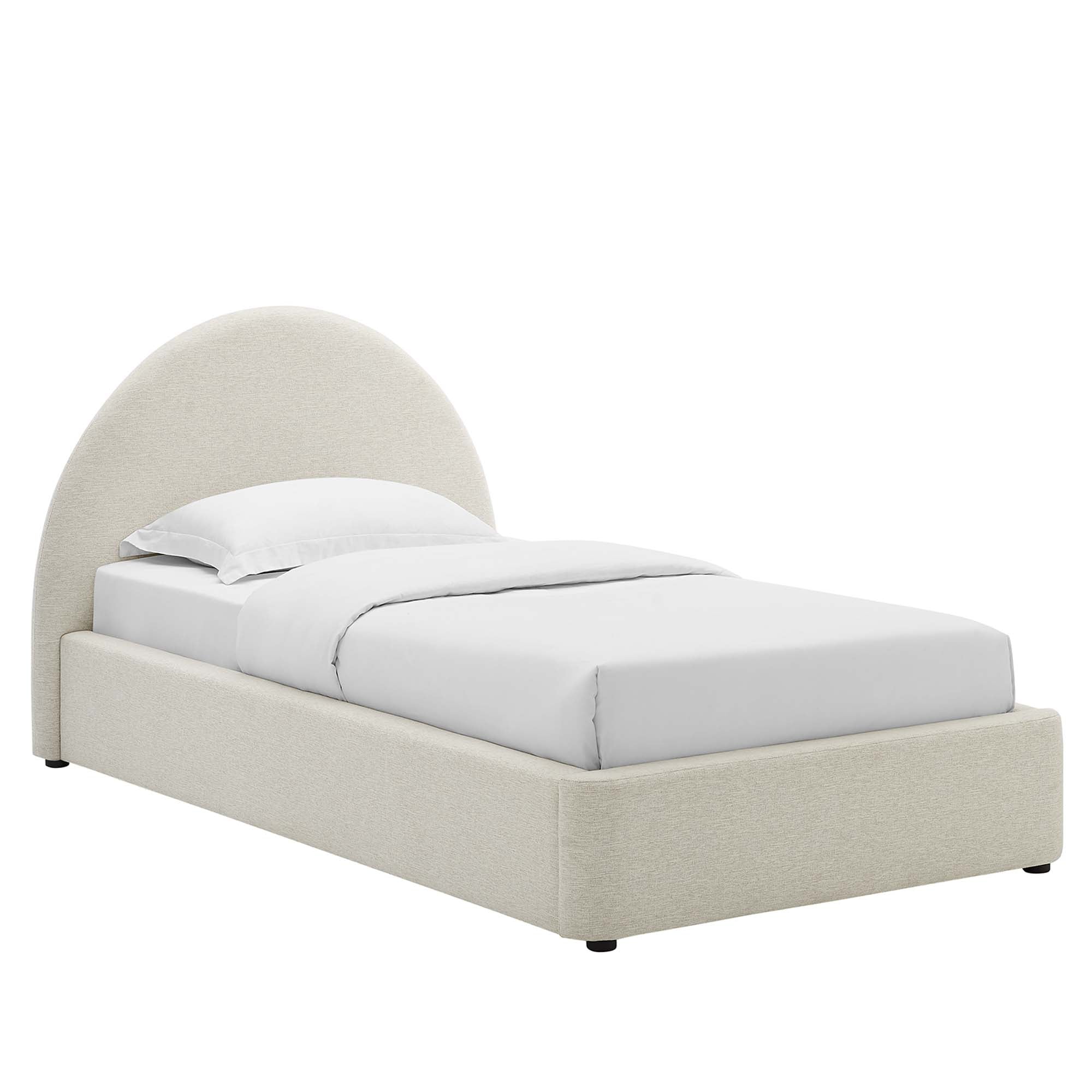 Resort Upholstered Fabric Arched Round Twin Platform Bed, Heathered Weave Ivory