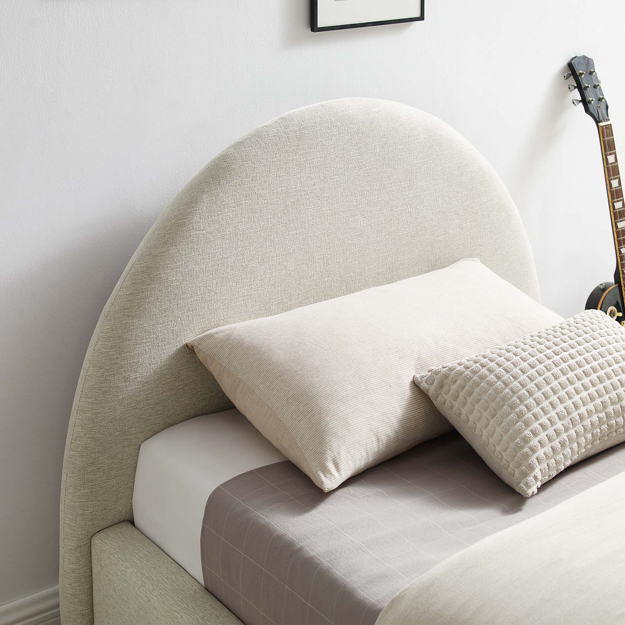 Resort Upholstered Fabric Arched Round Twin Platform Bed, Heathered Weave Ivory