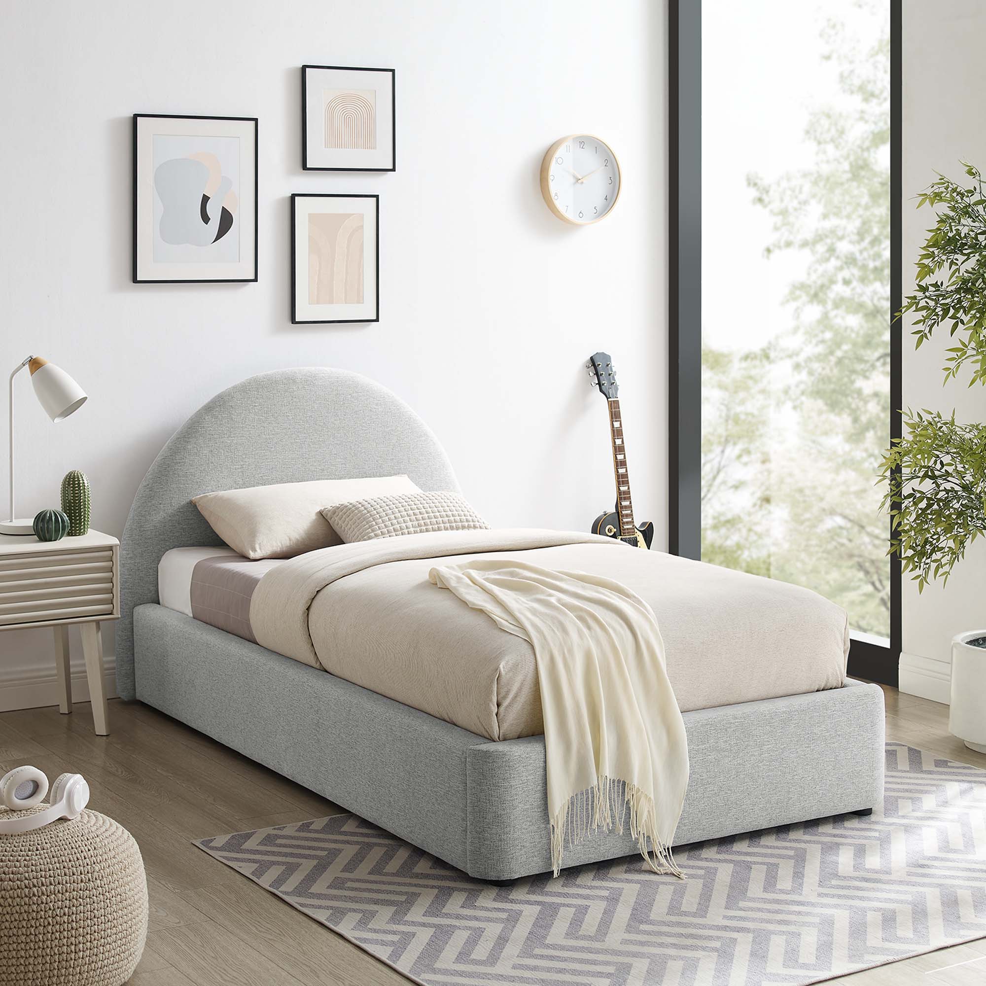 Resort Heathered Weave Light Gray Upholstered Fabric Arched Round Twin Platform Bed