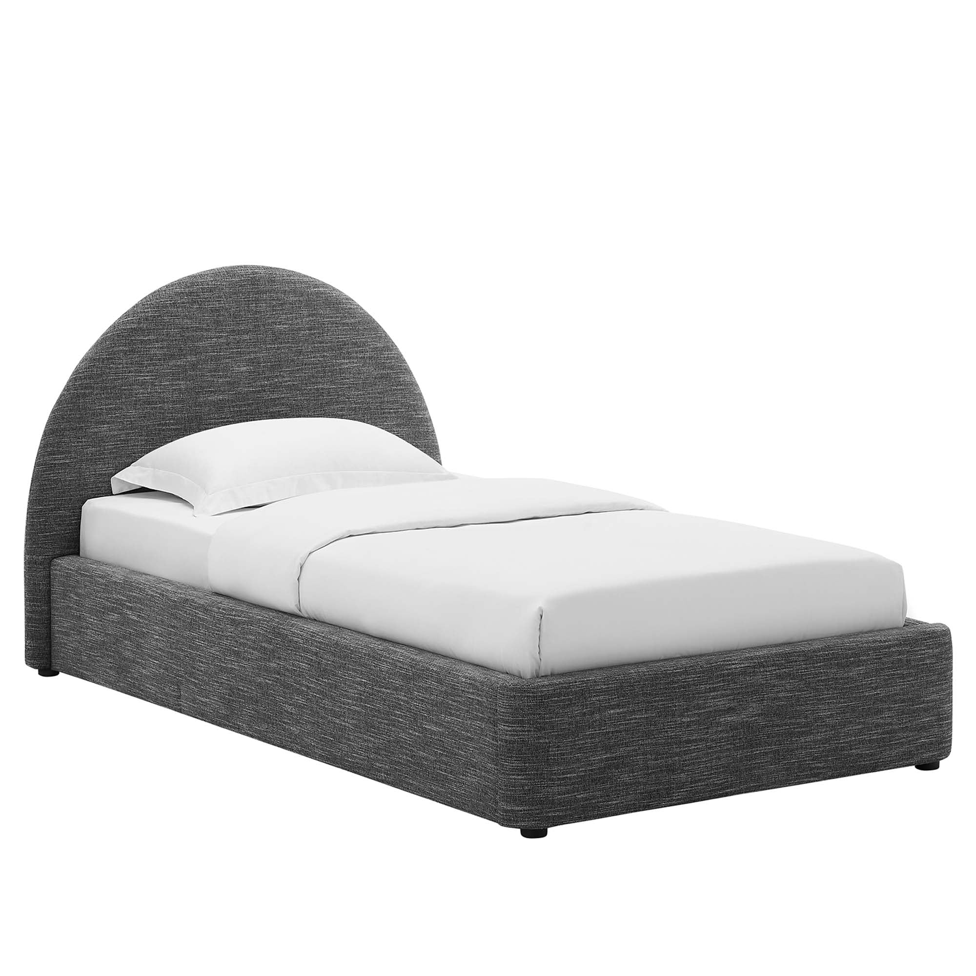 Resort Heathered Weave Light Gray Upholstered Fabric Arched Round Twin Platform Bed