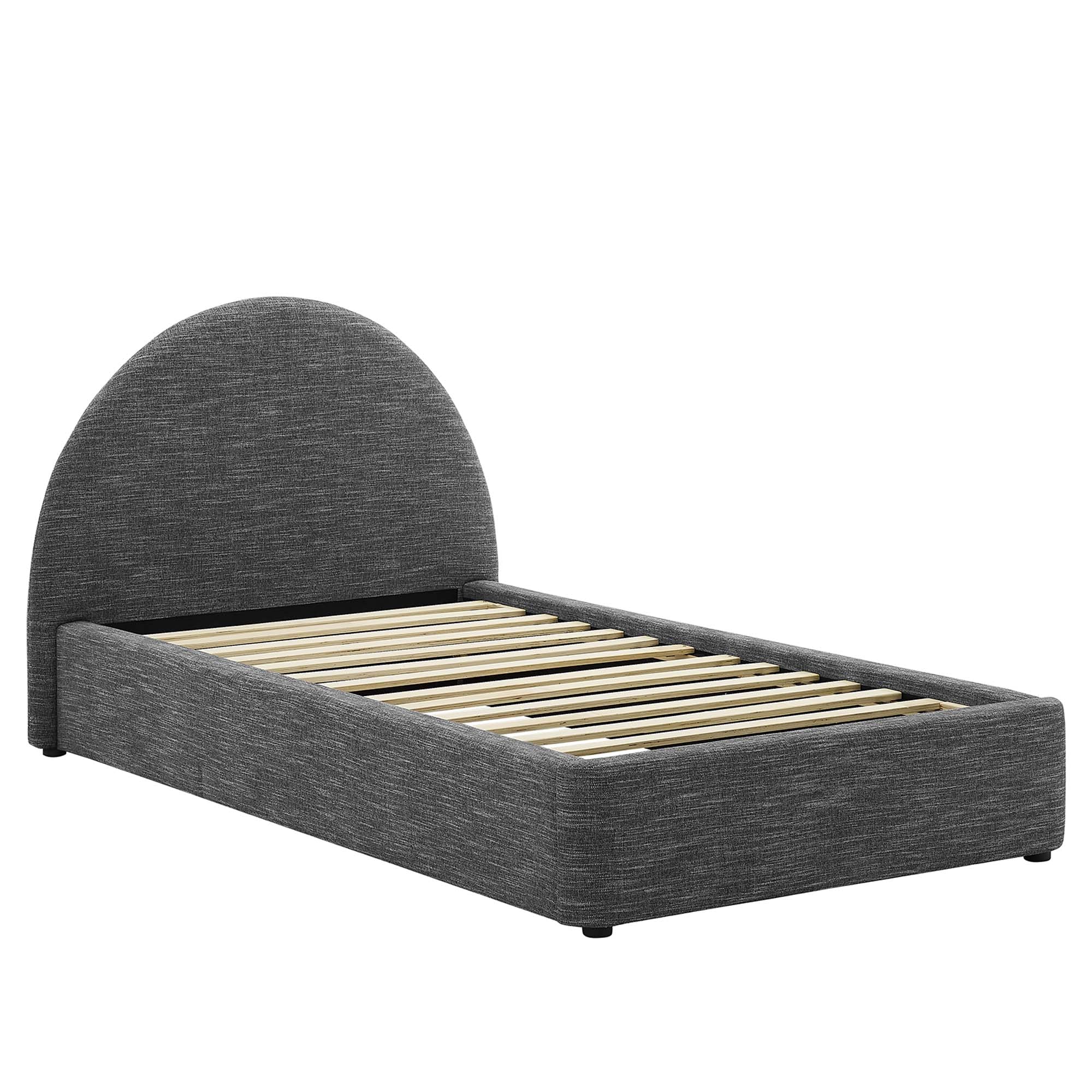 Resort Upholstered Fabric Arched Round Twin Platform Bed, Heathered Weave Slate