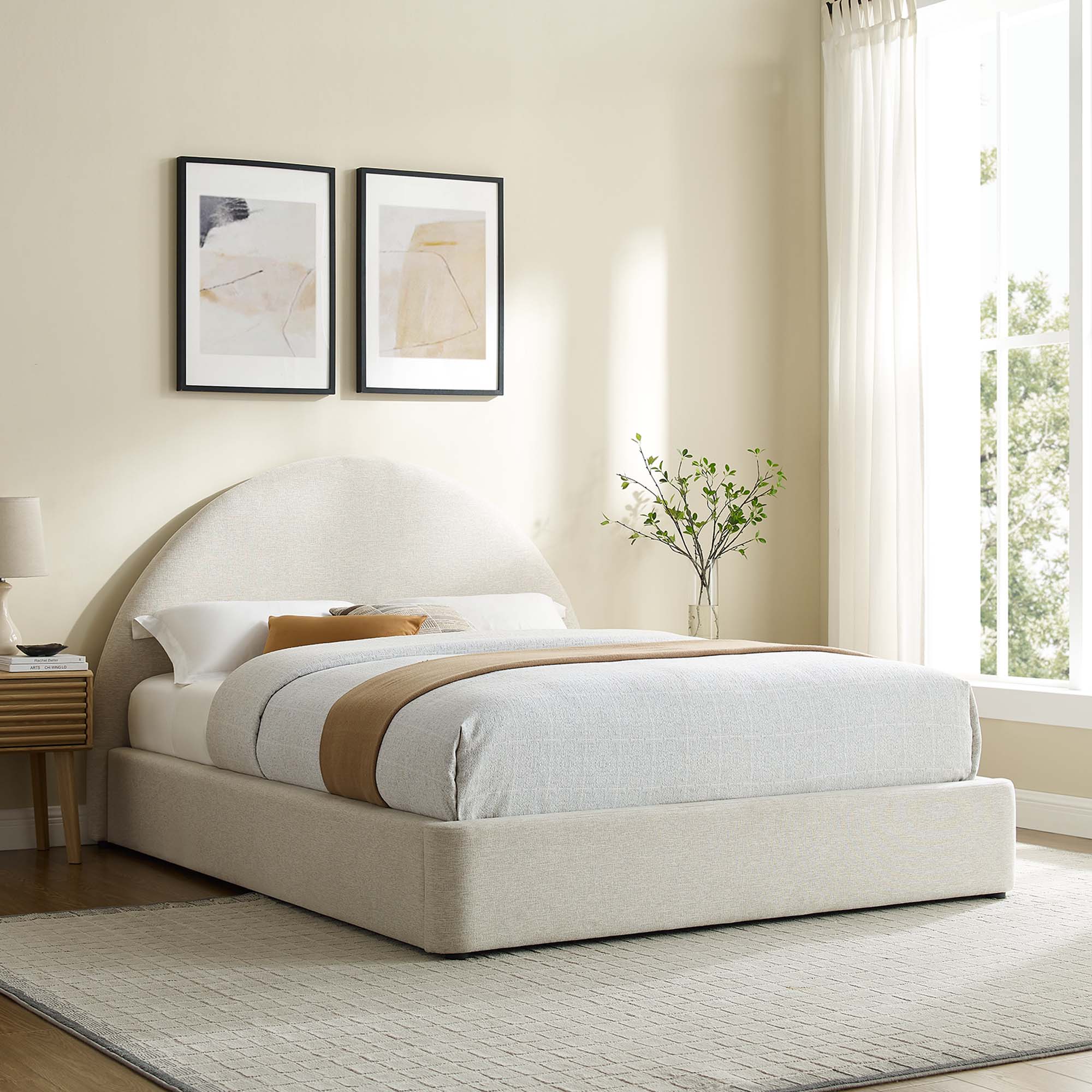 Resort Heathered Weave Ivory Upholstered Fabric Arched Round Full Platform Bed