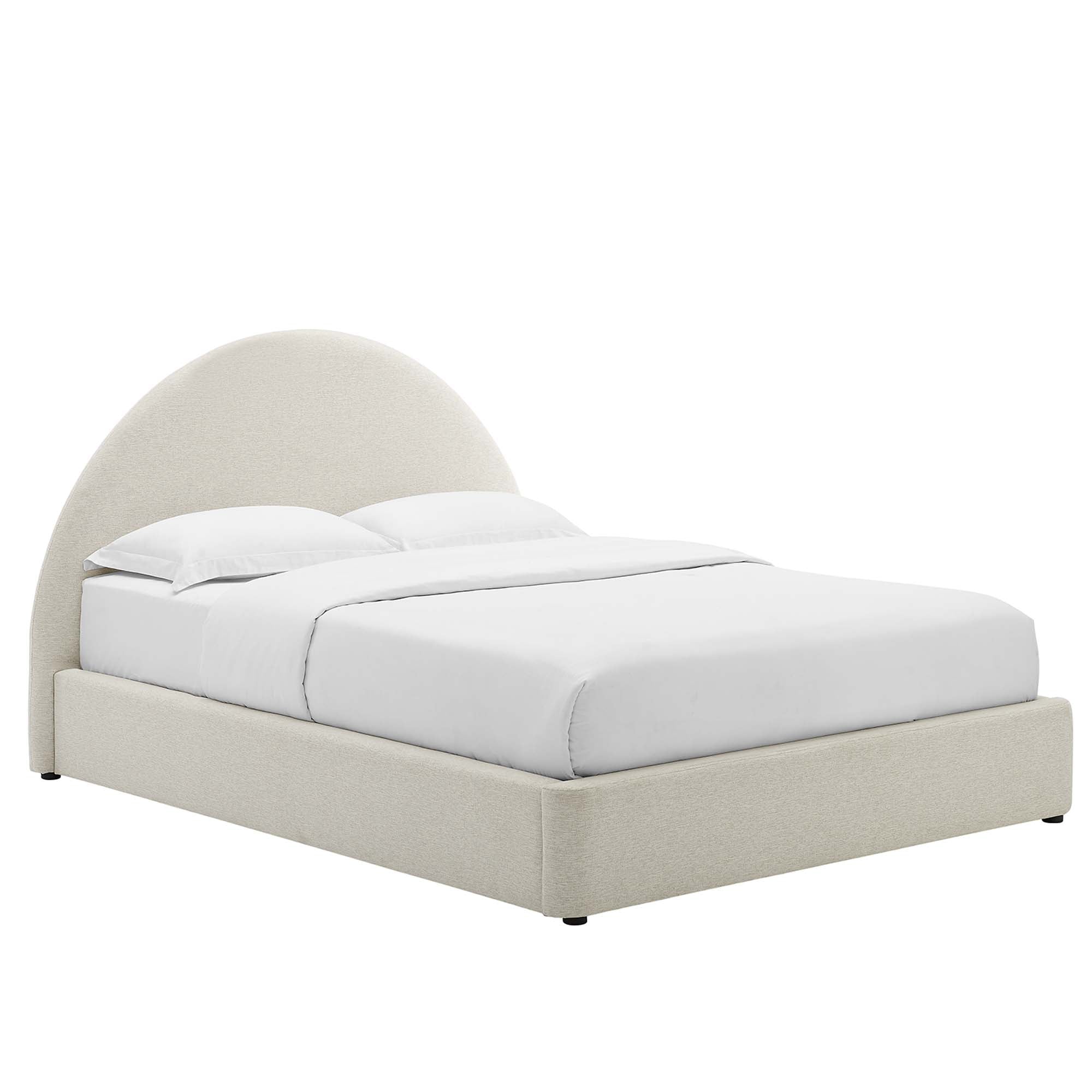 Resort Upholstered Fabric Arched Round Queen Platform Bed, Heathered Weave Ivory