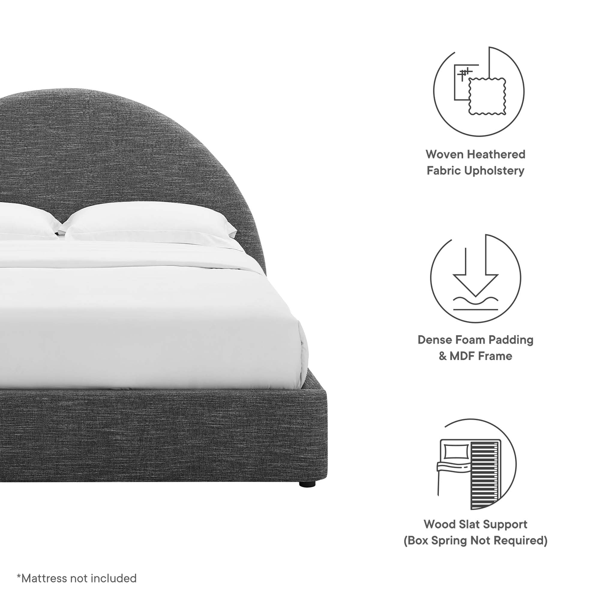 Resort Upholstered Fabric Arched Round Queen Platform Bed, Heathered Weave Slate