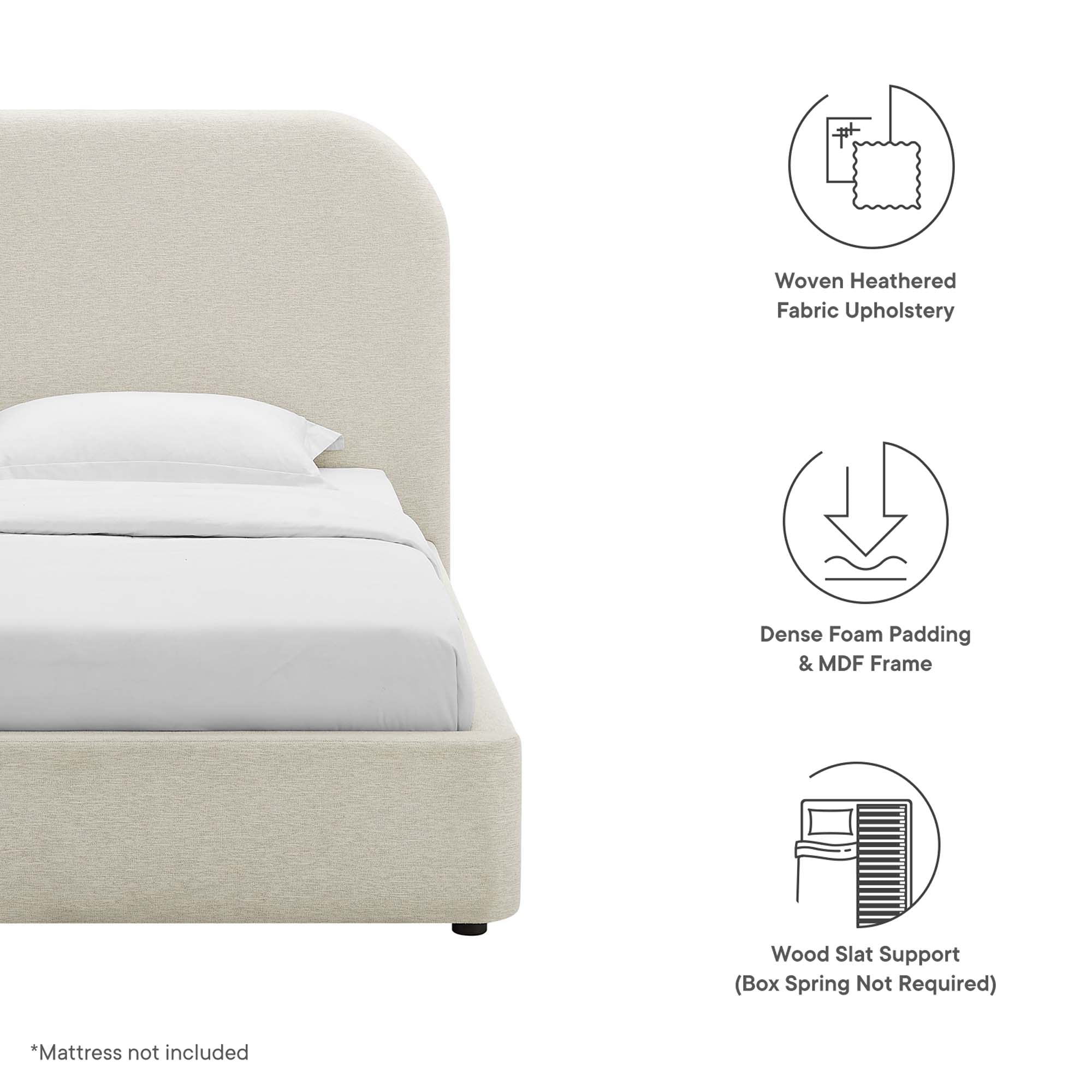 Keynote Upholstered Fabric Curved Twin Platform Bed, Heathered Weave Ivory