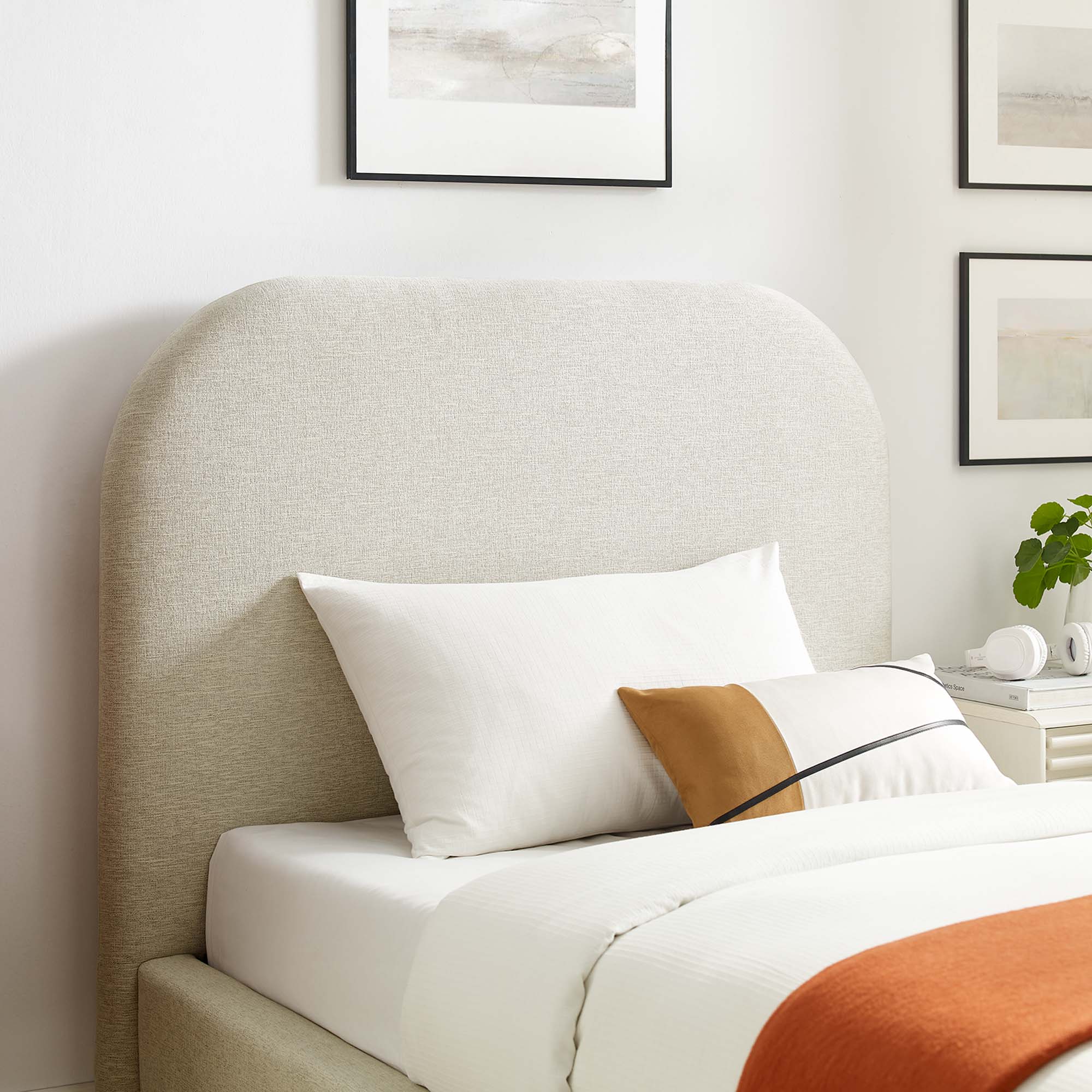 Keynote Upholstered Fabric Curved Twin Platform Bed, Heathered Weave Ivory