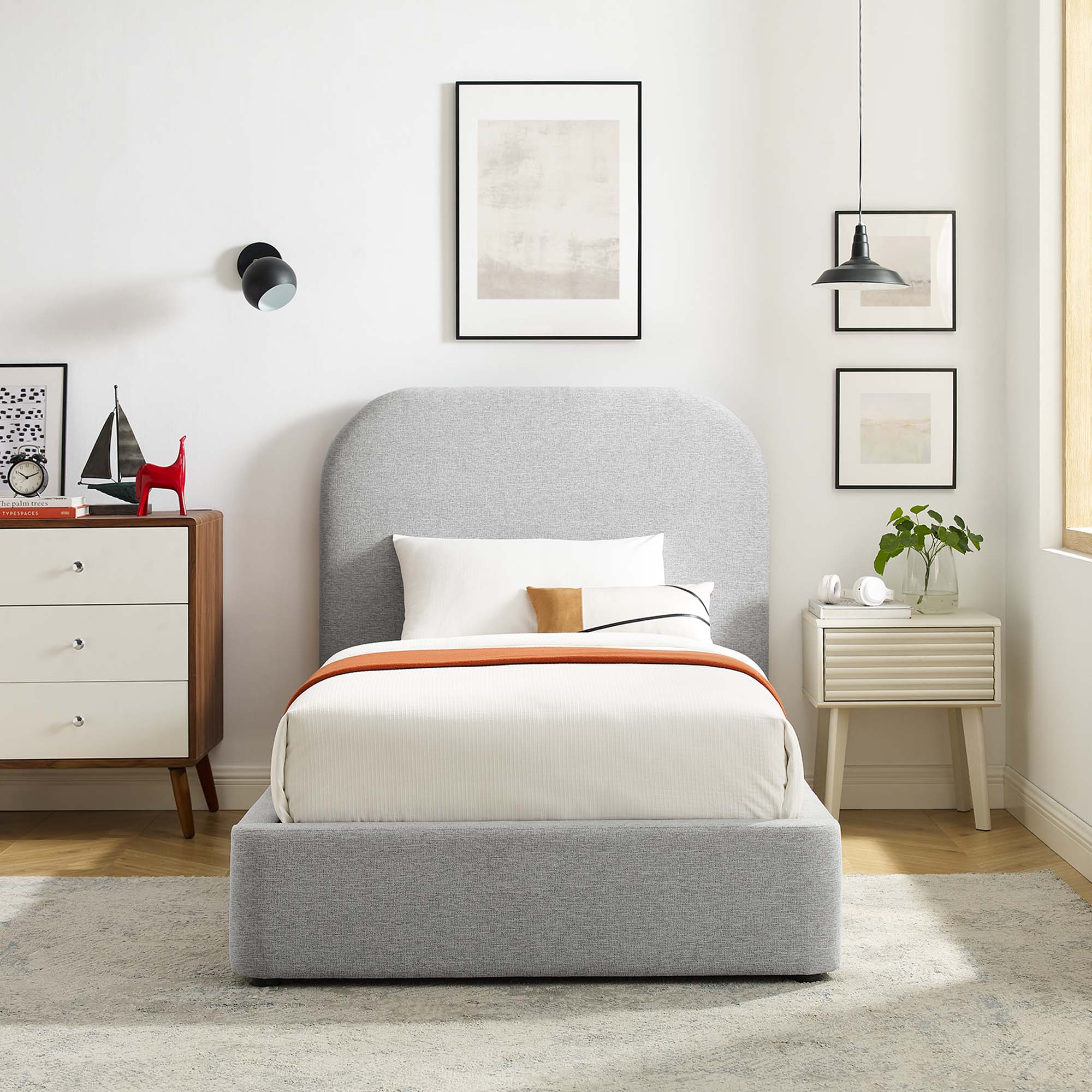 Keynote Heathered Weave Light Gray Upholstered Fabric Curved Twin Platform Bed