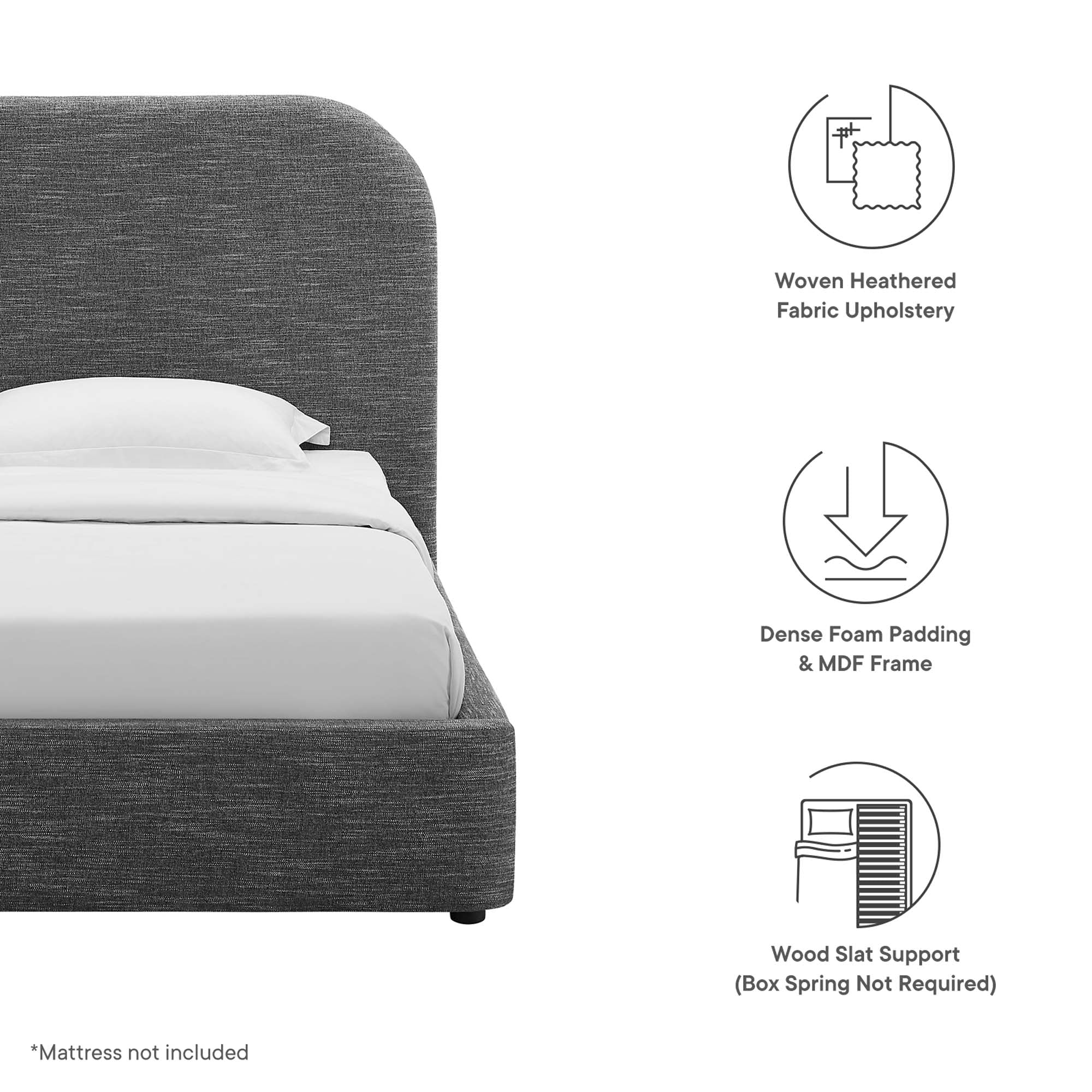 Keynote Upholstered Fabric Curved Twin Platform Bed, Heathered Weave Slate