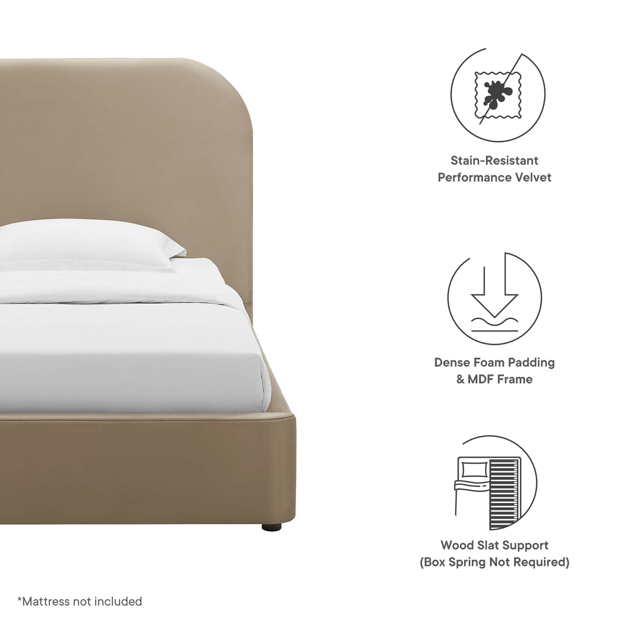 Keynote Taupe Performance Velvet Curved Twin Platform Bed