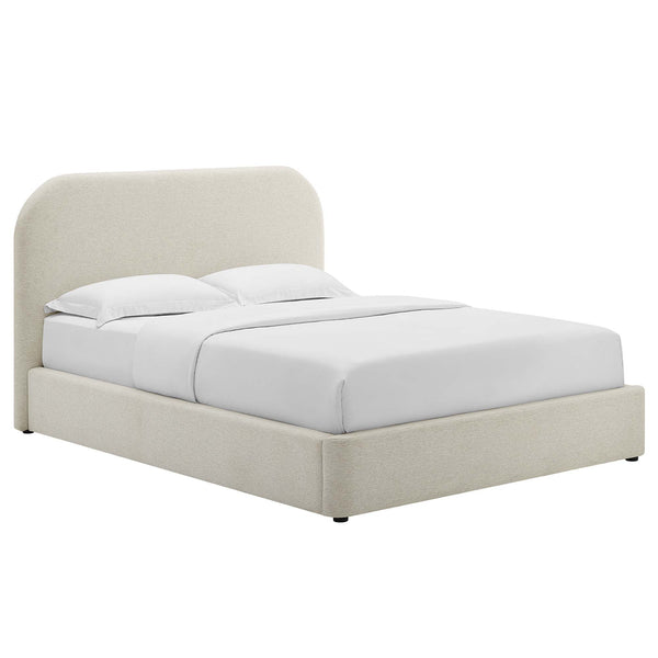 Keynote Upholstered Fabric Curved Full Platform Bed, Heathered Weave Ivory