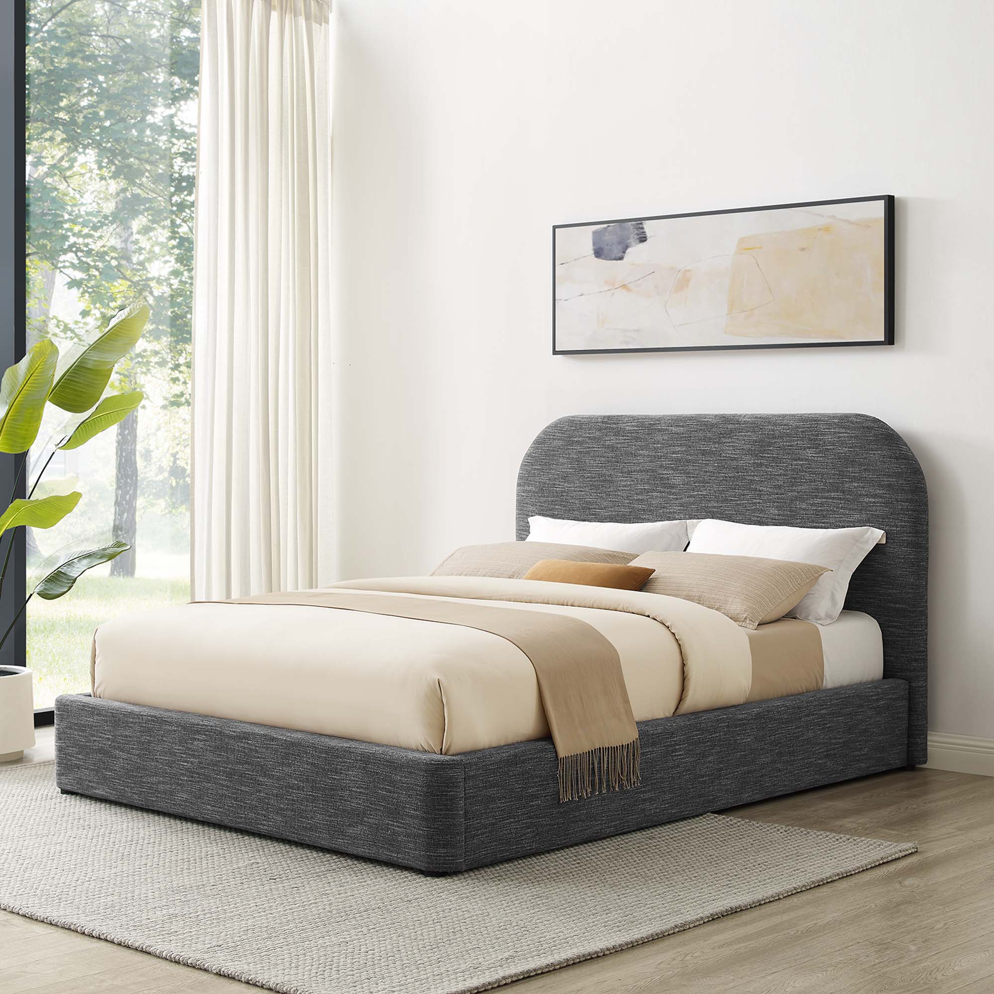 Keynote Upholstered Fabric Curved Full Platform Bed, Heathered Weave Slate