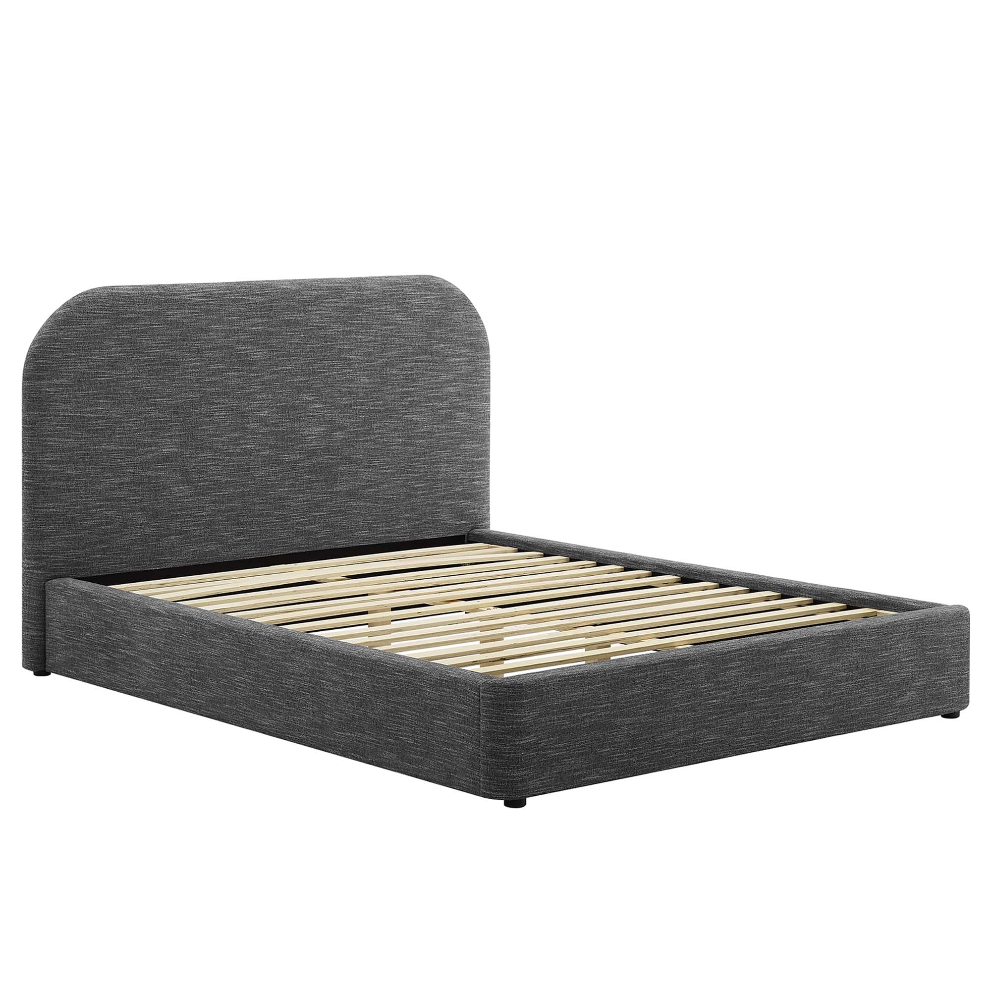 Keynote Heathered Weave Slate Upholstered Fabric Curved Queen Platform Bed