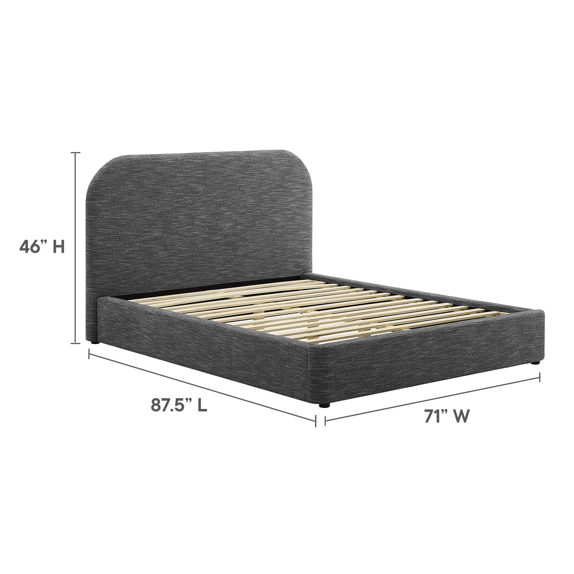 Keynote Heathered Weave Slate Upholstered Fabric Curved Queen Platform Bed