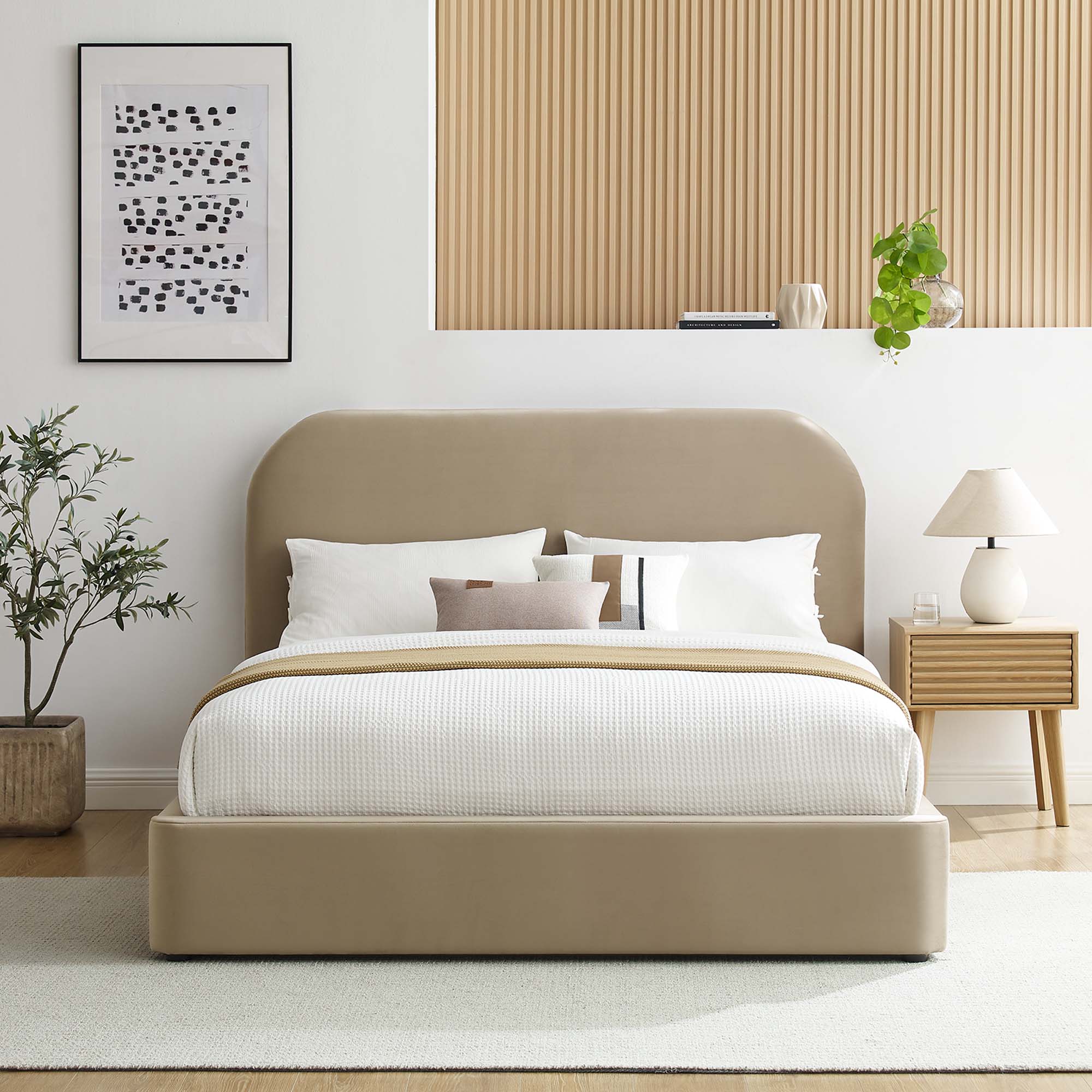 Keynote Taupe Performance Velvet Curved King Platform Bed