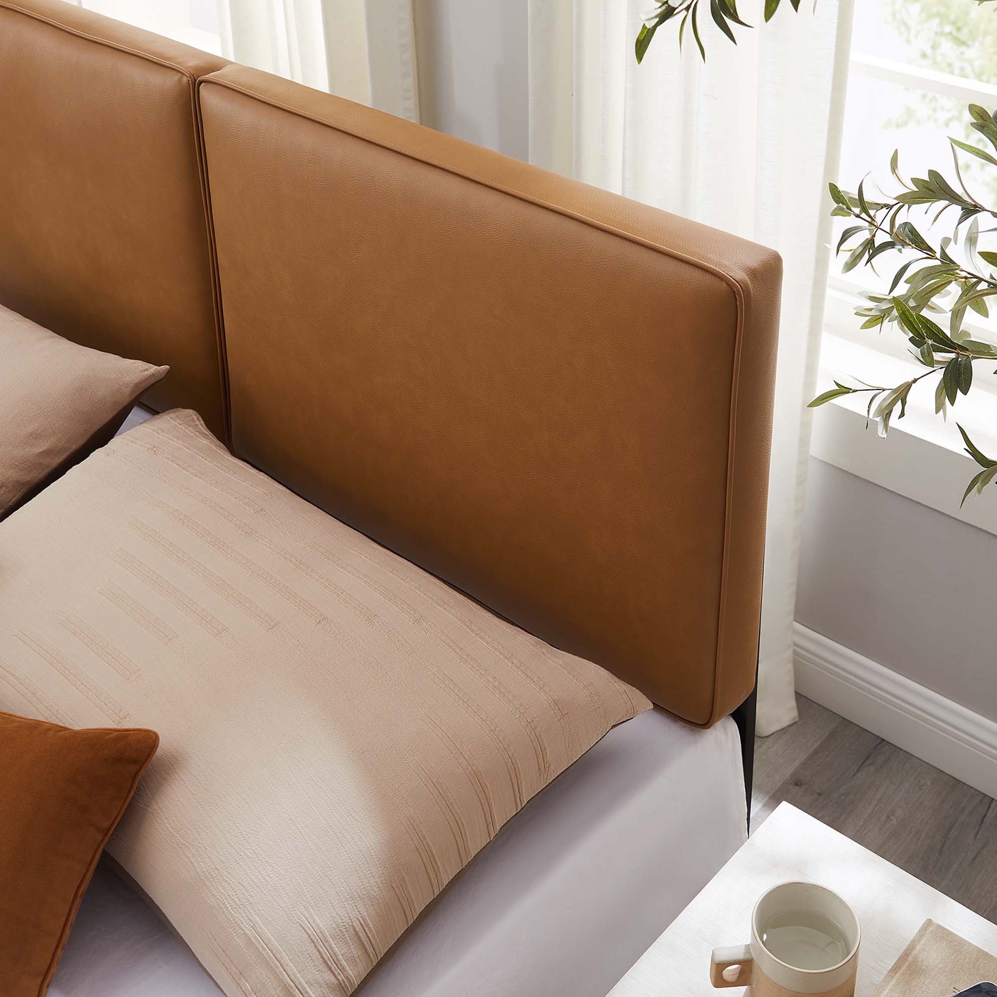 Lindee Vegan Leather Queen Headboard, Tan