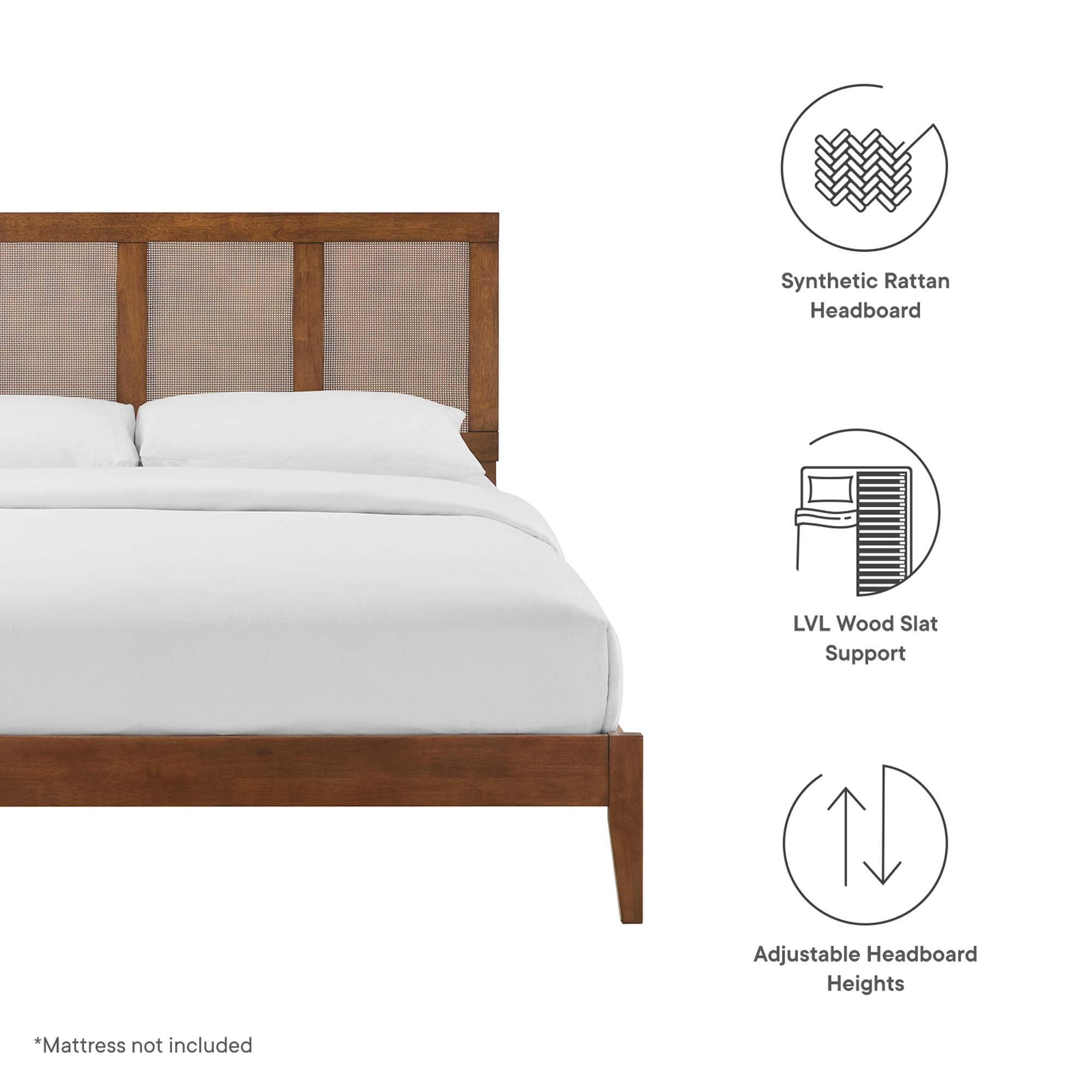 Sirocco Walnut Rattan and Wood Queen Platform Bed
