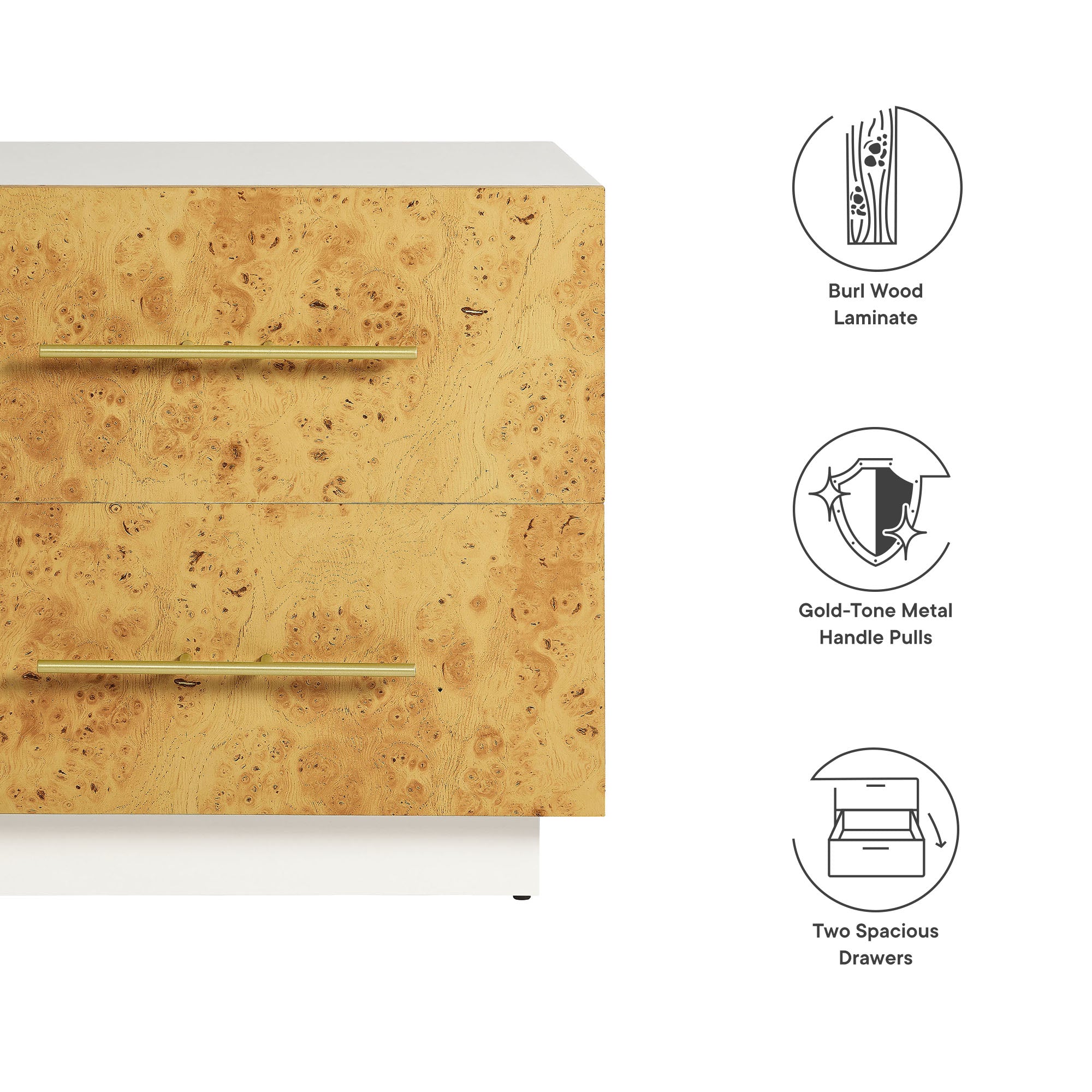 Abel 2-Drawer Burl Wood Nightstand, White Bleached Burl