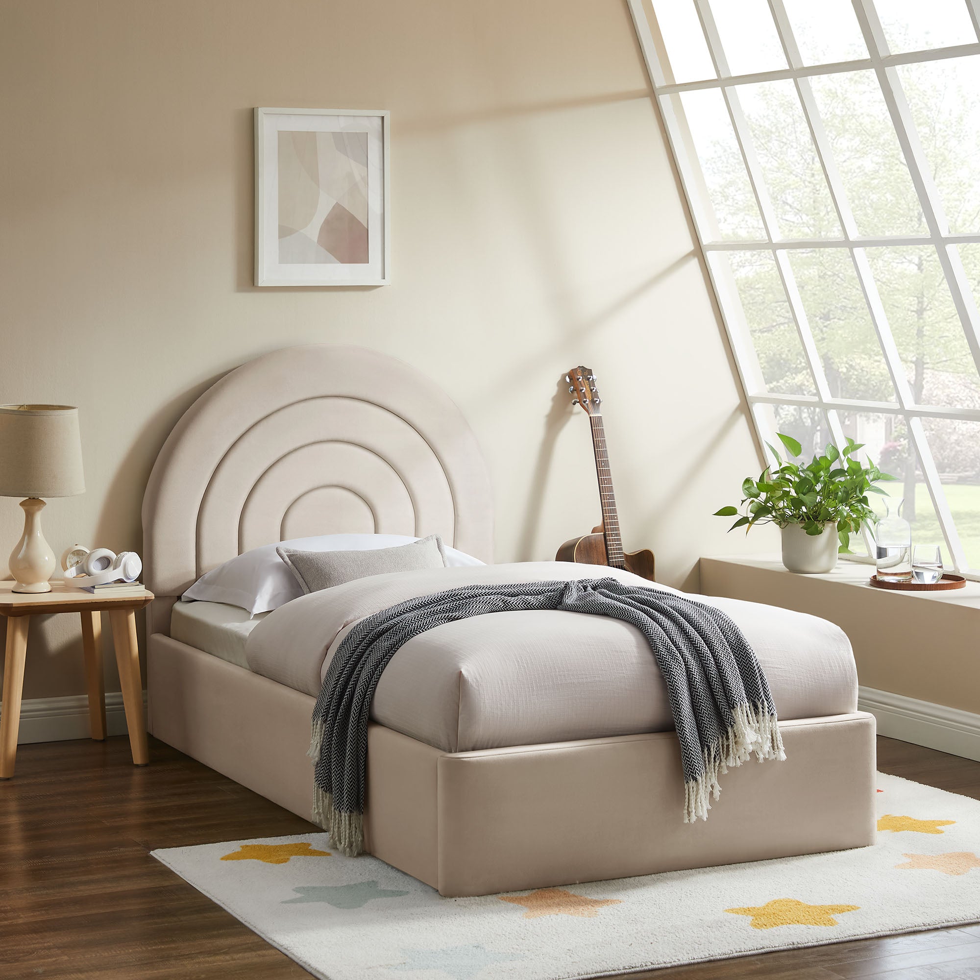 Solana Arched Performance Velvet Twin Platform Bed, Almond
