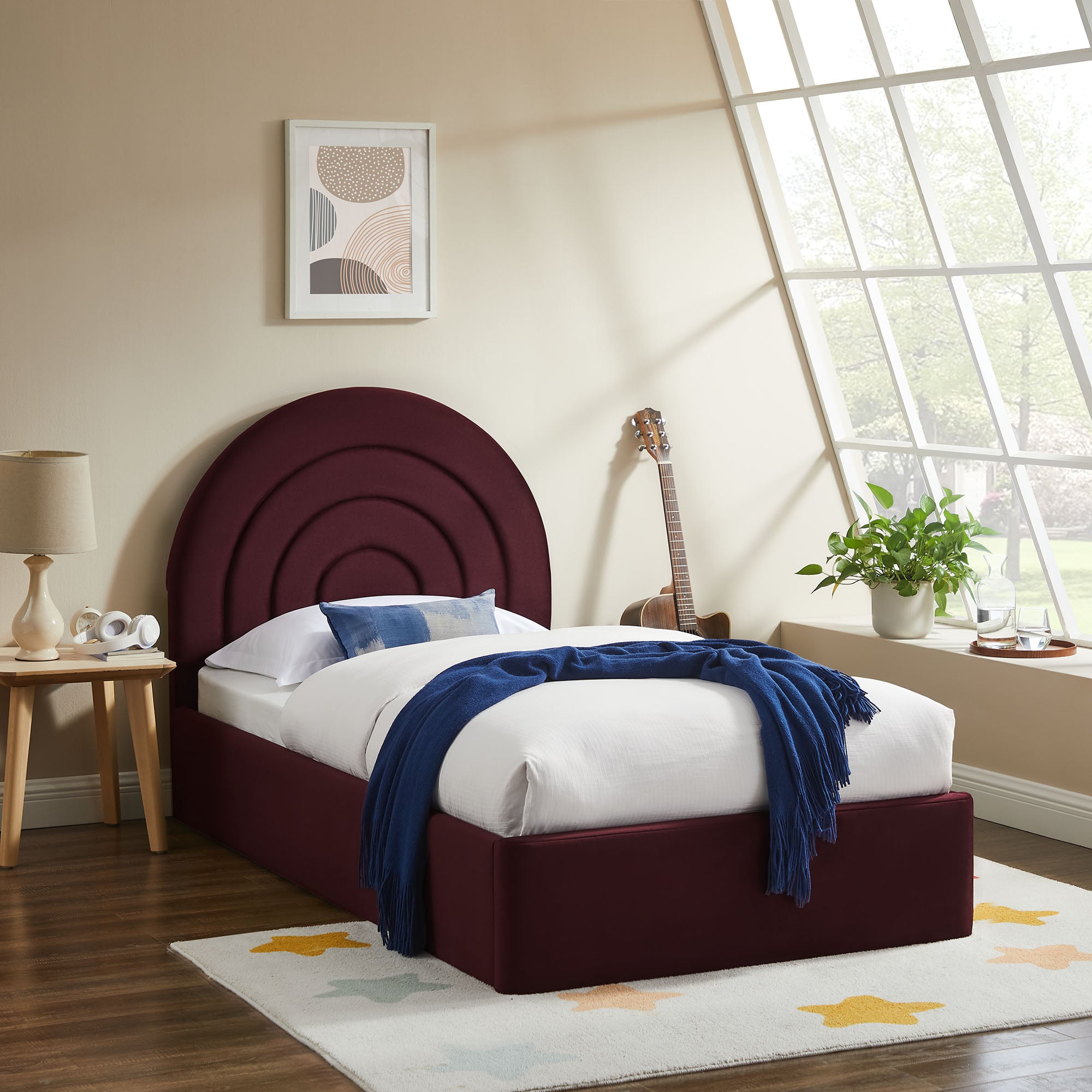 Solana Arched Performance Velvet Twin Platform Bed, Mulberry