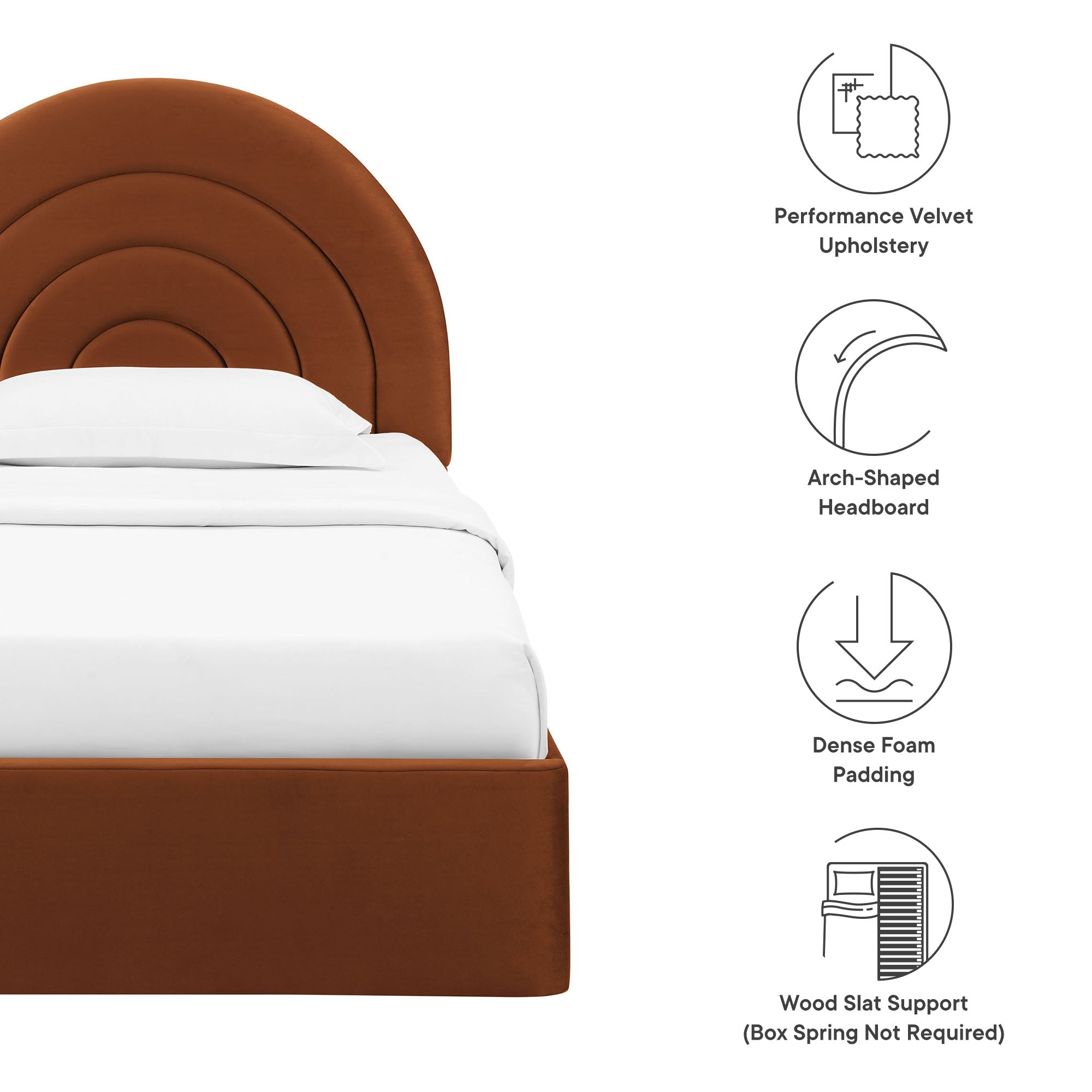 Solana Arched Performance Velvet Twin Platform Bed, Rust