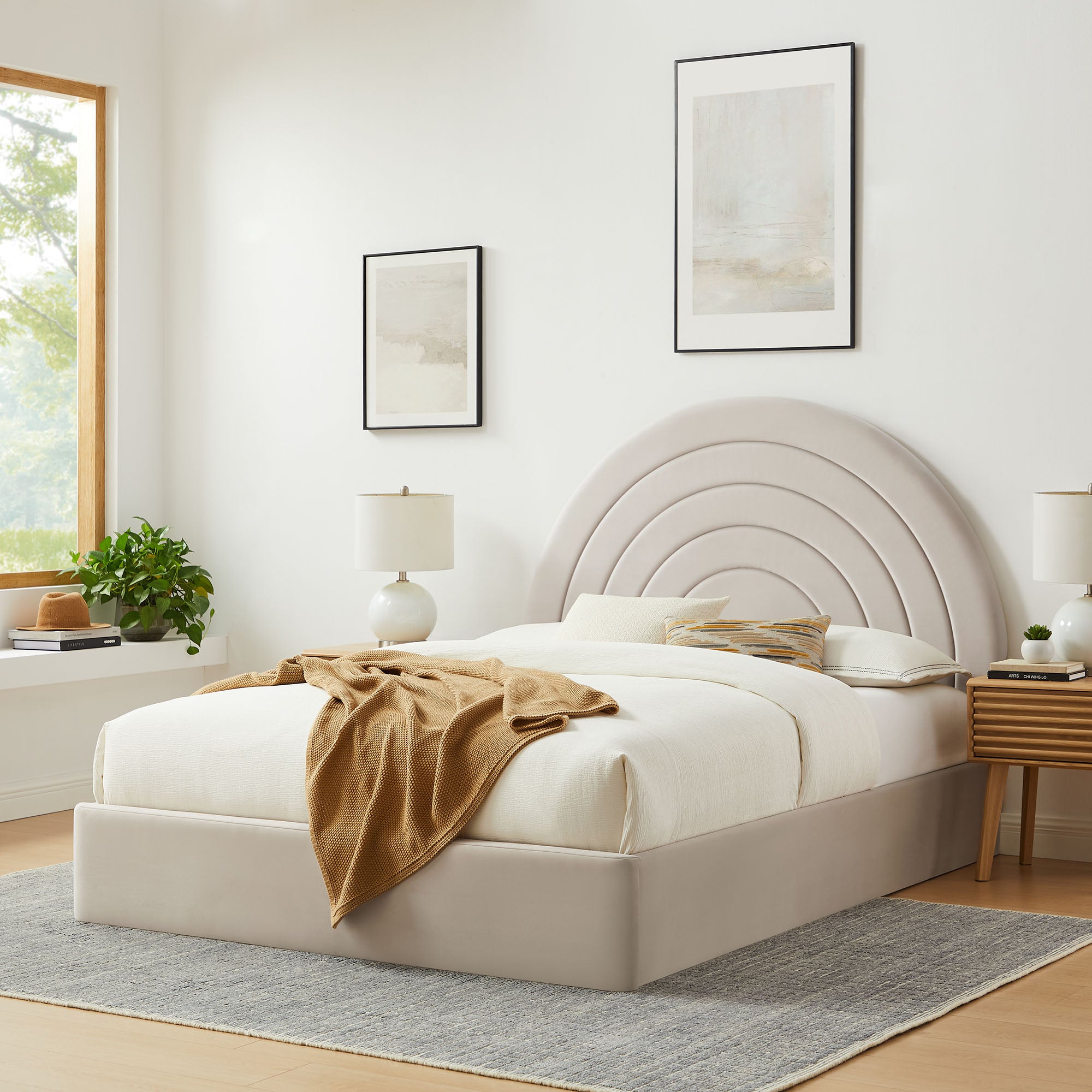 Solana Arched Performance Velvet Full Platform Bed, Almond