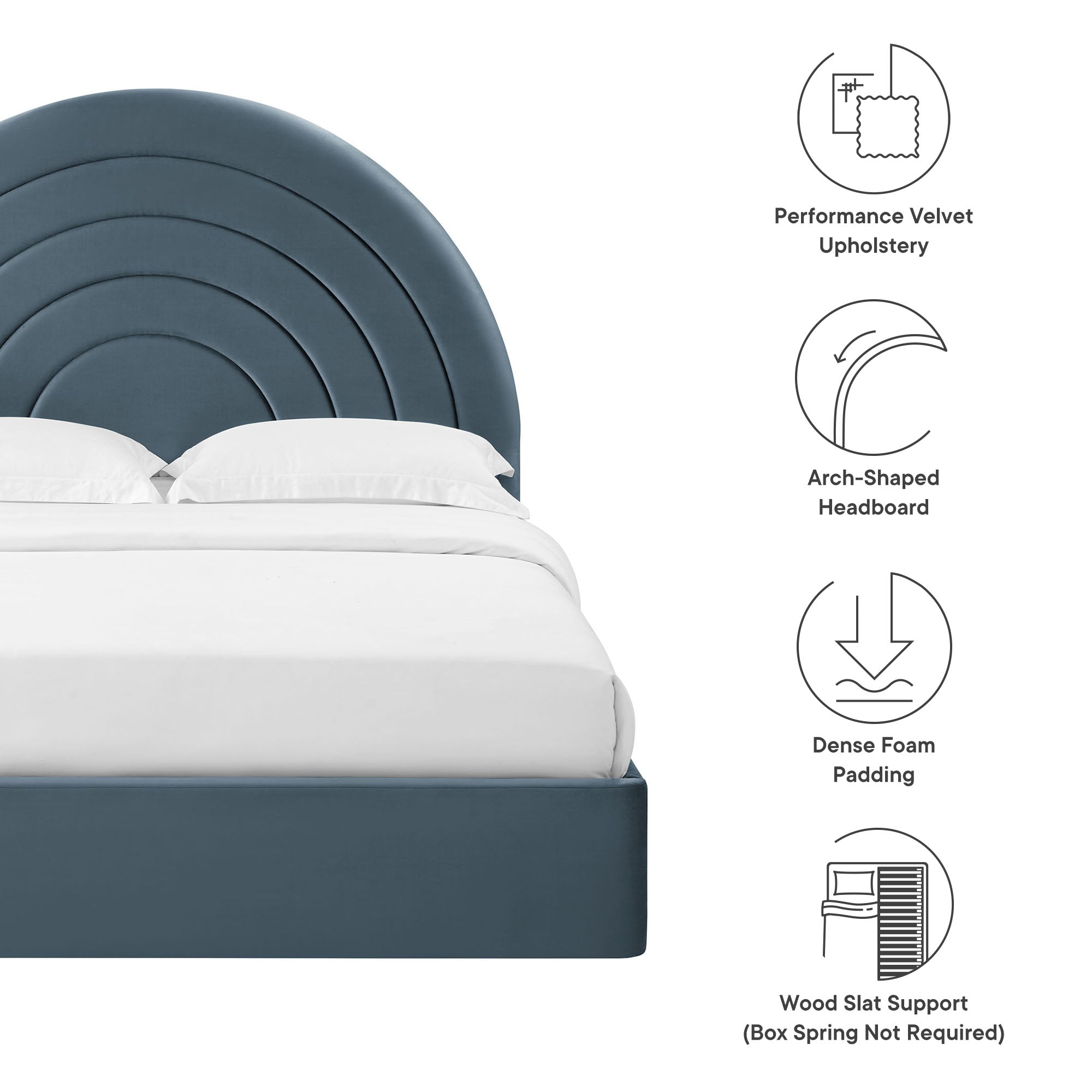 Solana Arched Performance Velvet Queen Platform Bed, Cadet Blue