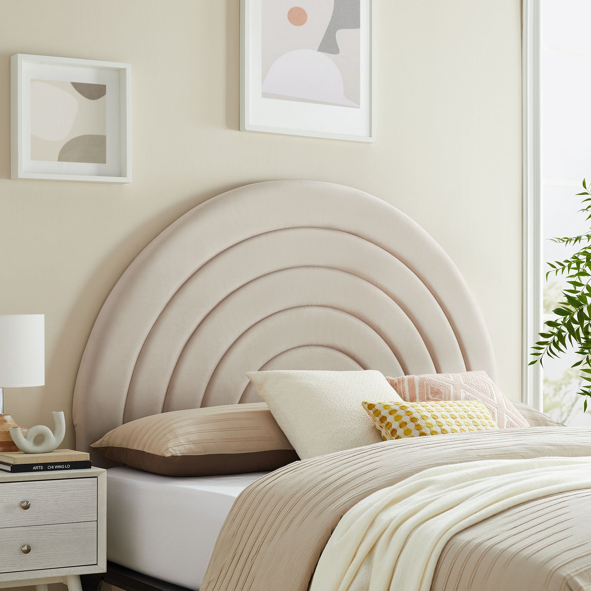 Solana Arched Performance Velvet Full Headboard, Almond