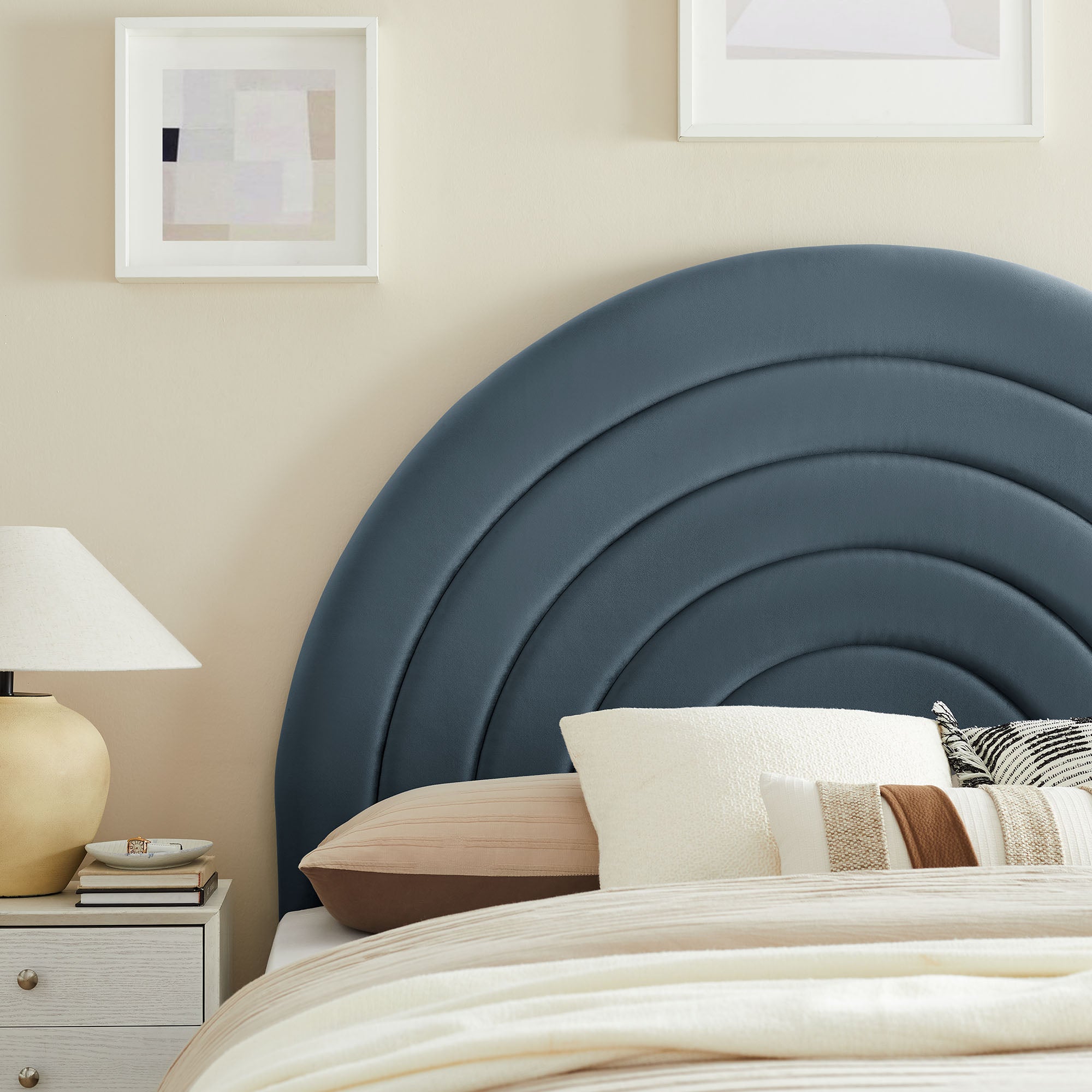 Solana Arched Performance Velvet Queen Headboard, Cadet Blue