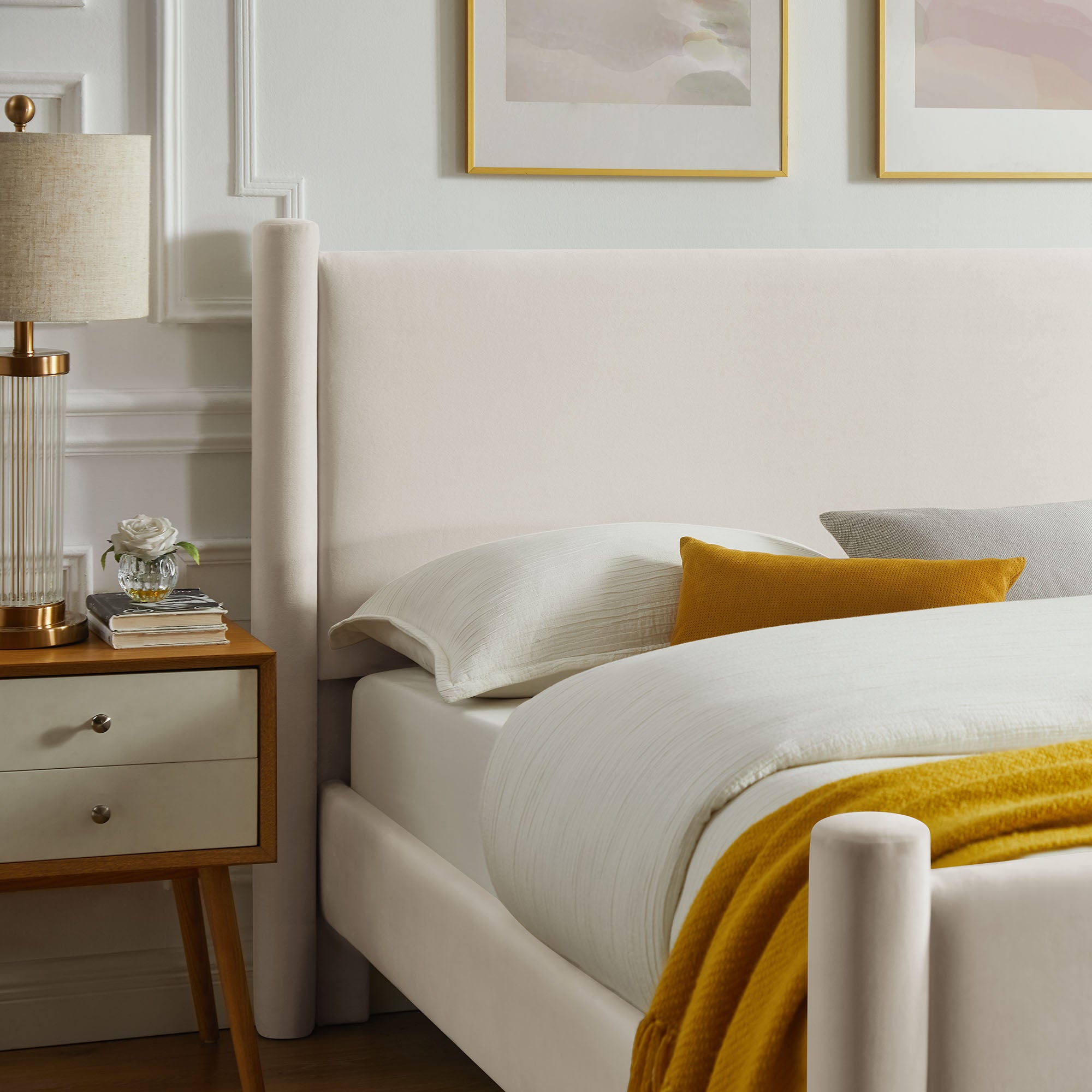 Rael Performance Velvet Queen Platform Bed, Alabaster