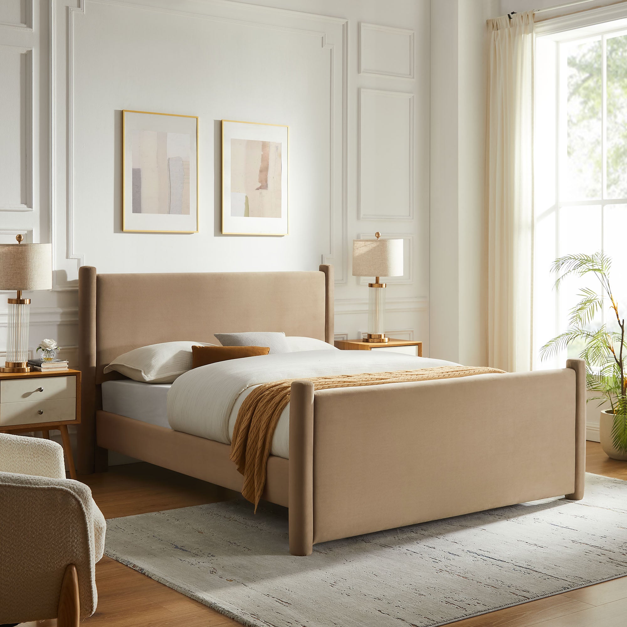 Rael Performance Velvet Queen Platform Bed, Taupe