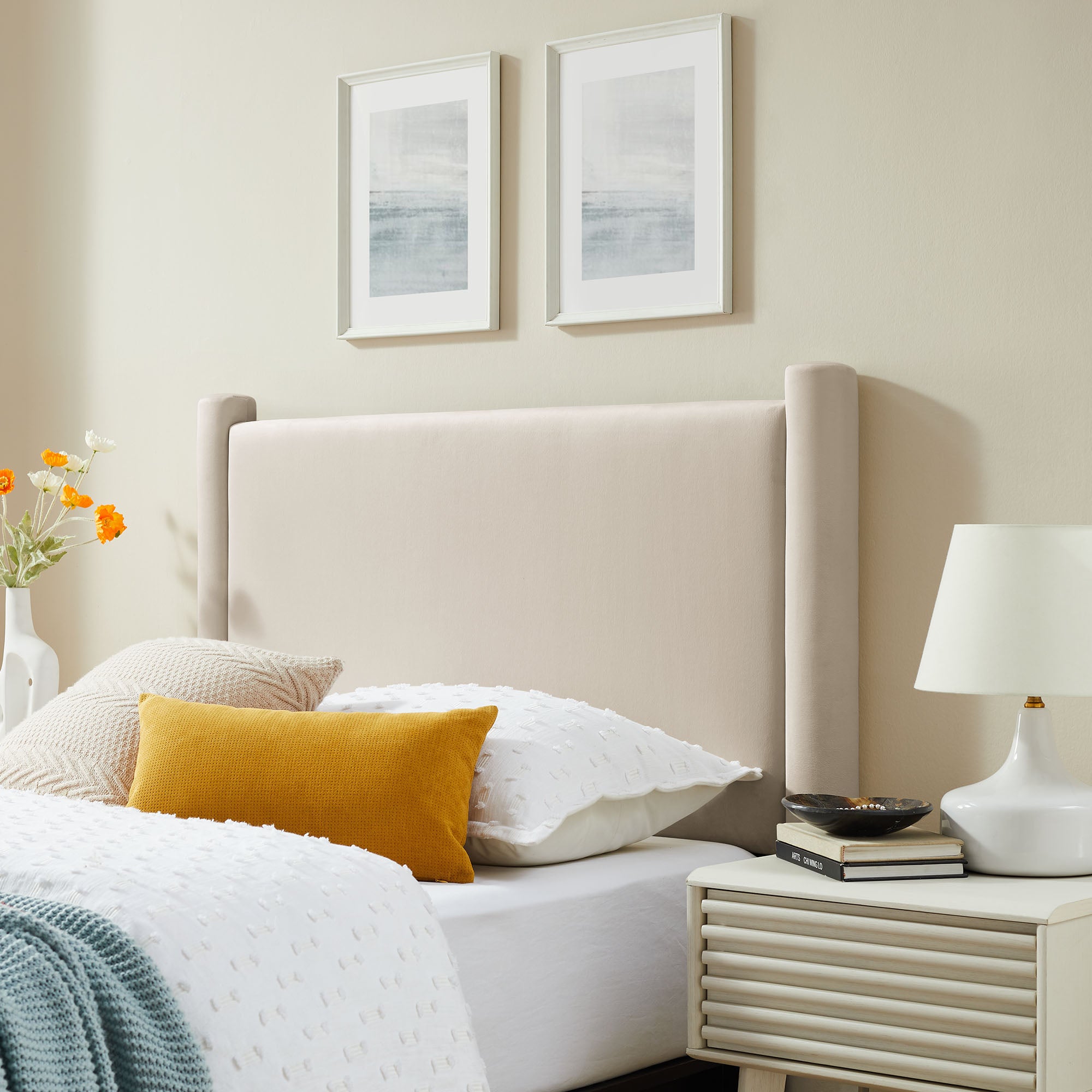 Rael Performance Velvet Twin Headboard, Alabaster