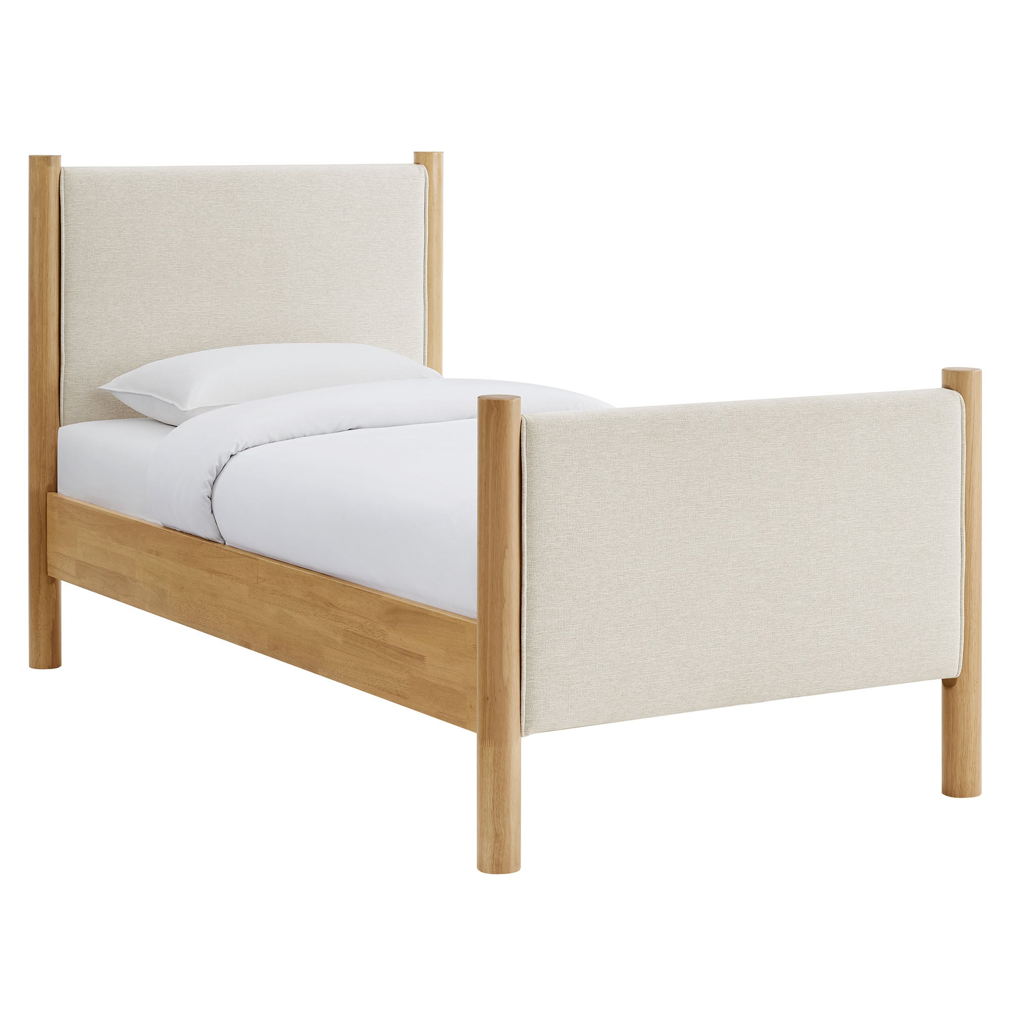 Maven Twin Size Fabric Upholstered Platform Bed, Ivory Oak